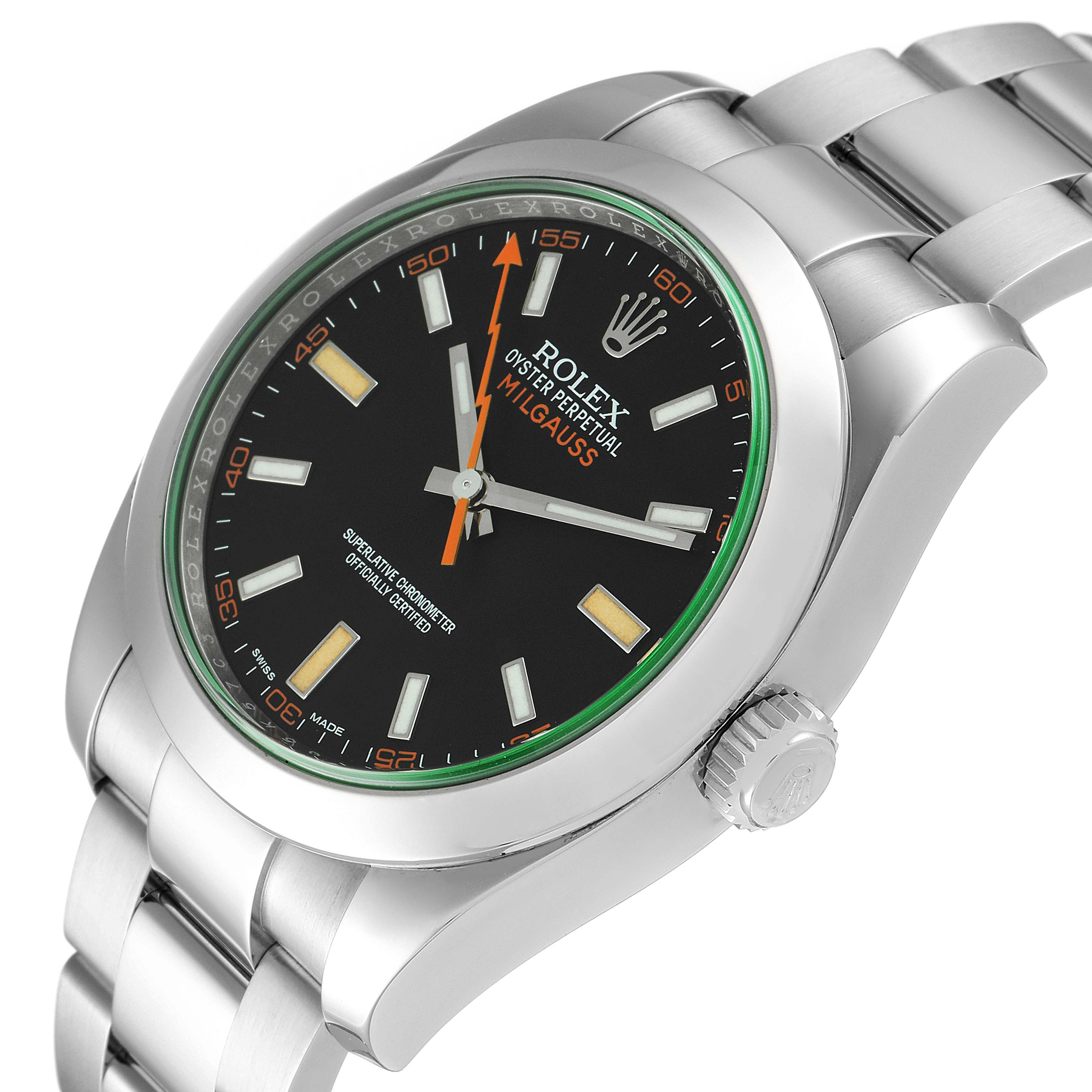 This image shows a close-up, angled view of a Rolex Milgauss 116400GV Men's Stainless Steel Black Dial 116400GV Men's Stainless Steel Black Dial watch, displaying its face, bezel, crown, and part of the bracelet.