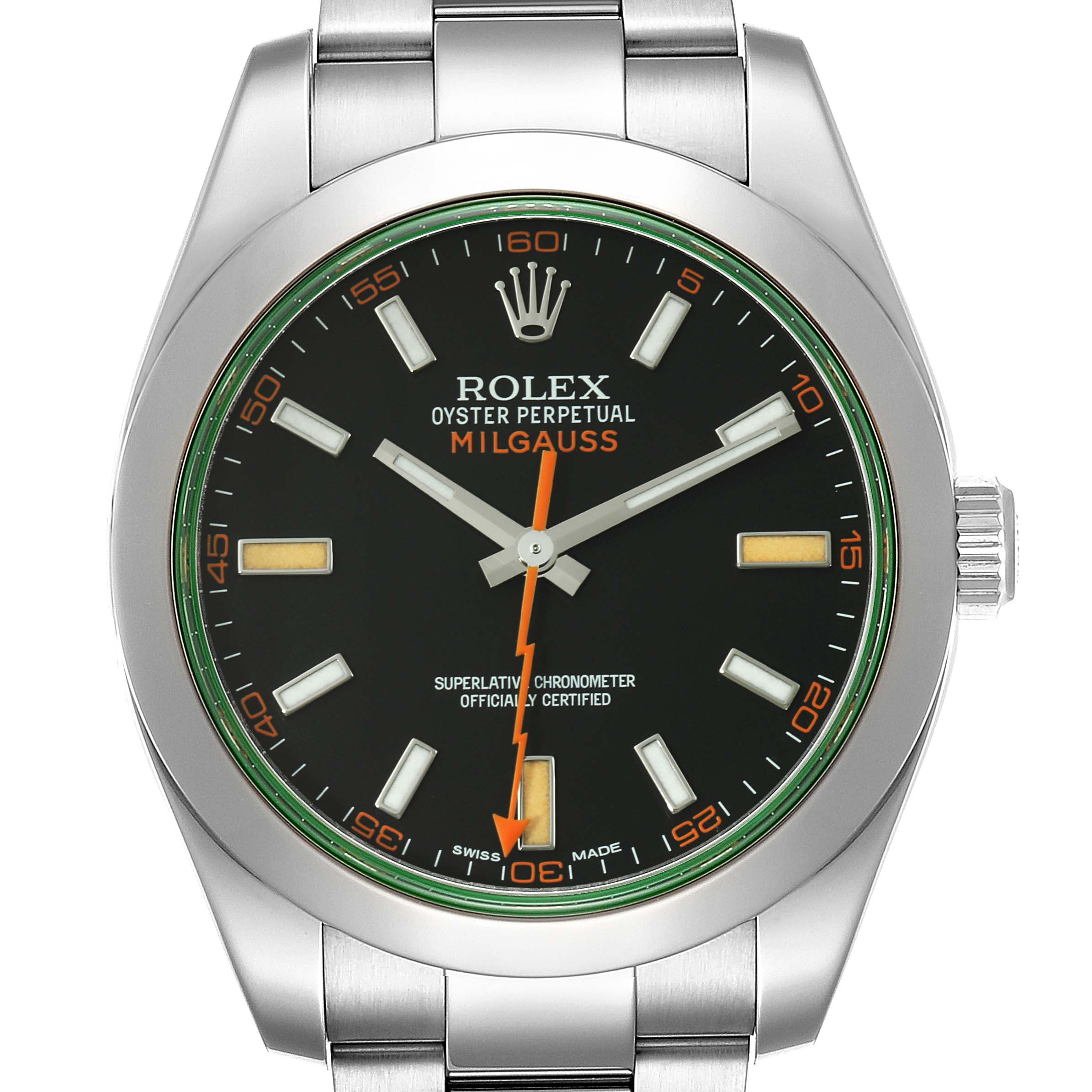 The image shows a front view of the Rolex Milgauss 116400GV Men's Stainless Steel Black Dial 116400GV Men's Stainless Steel Black Dial watch, highlighting the face, bezel, crown, and part of the bracelet.