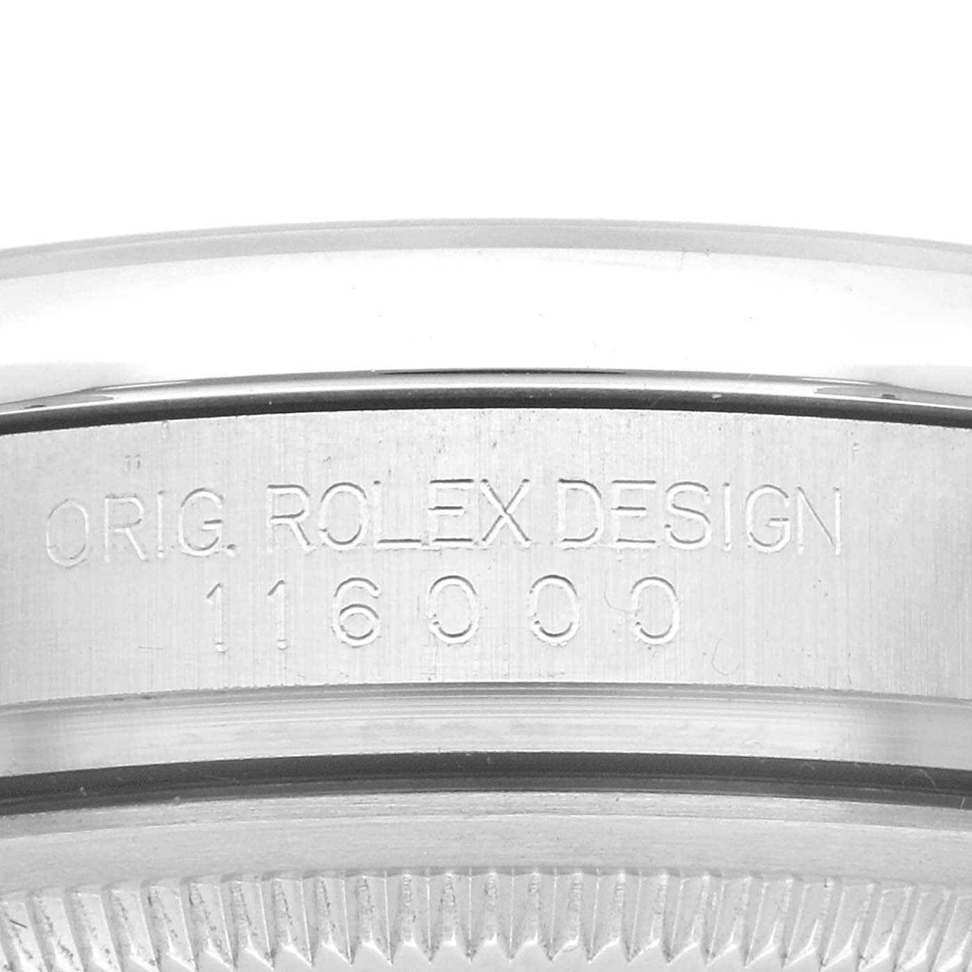 The image shows a close-up of the case side of a Rolex Oyster Perpetual 116000 Men's Stainless Steel Grey Dial 116000 Men's Stainless Steel Grey Dial watch, highlighting the engraved model number "116000".