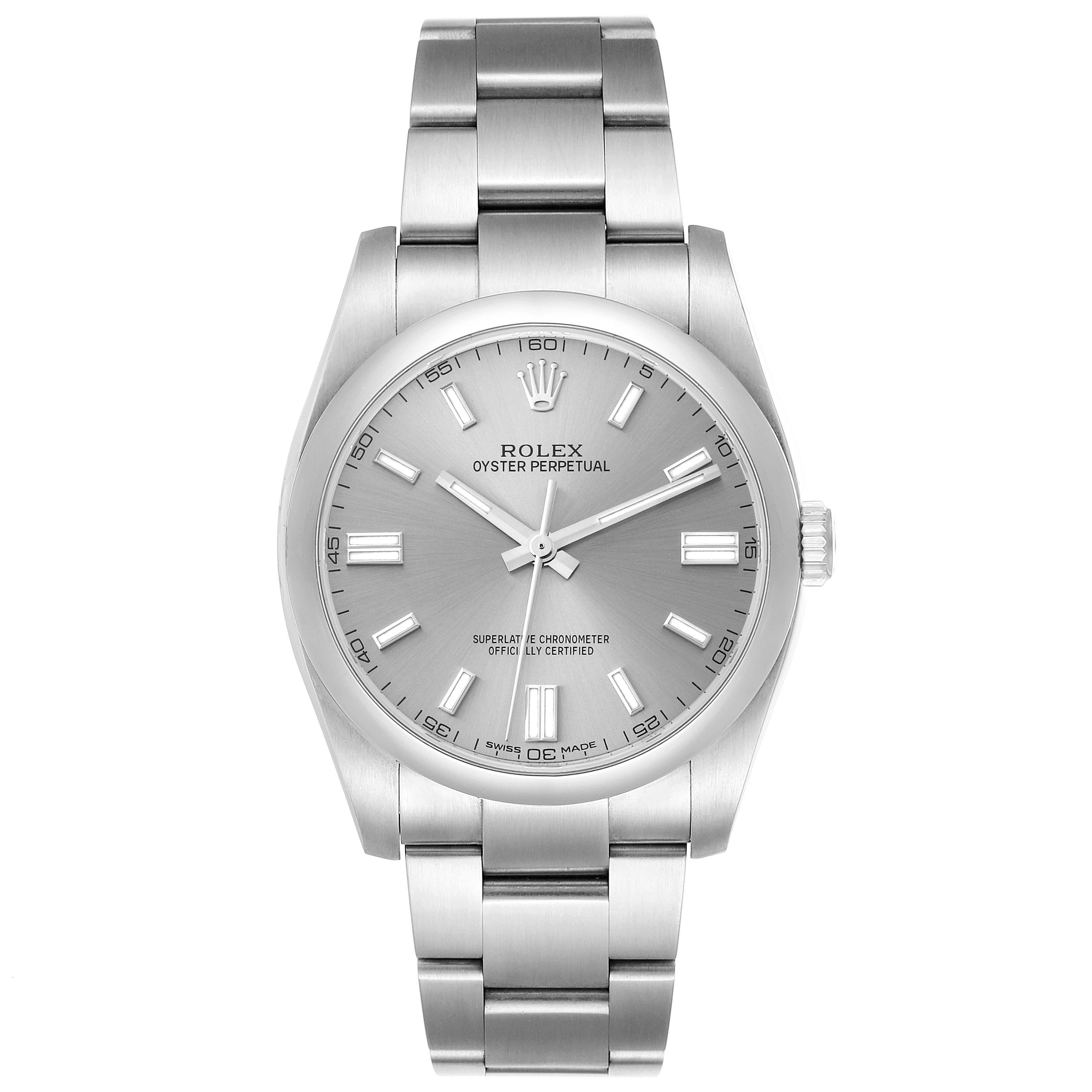 The image shows a front view of a Rolex Oyster Perpetual 116000 Men's Stainless Steel Grey Dial 116000 Men's Stainless Steel Grey Dial watch, displaying the dial, case, and bracelet.