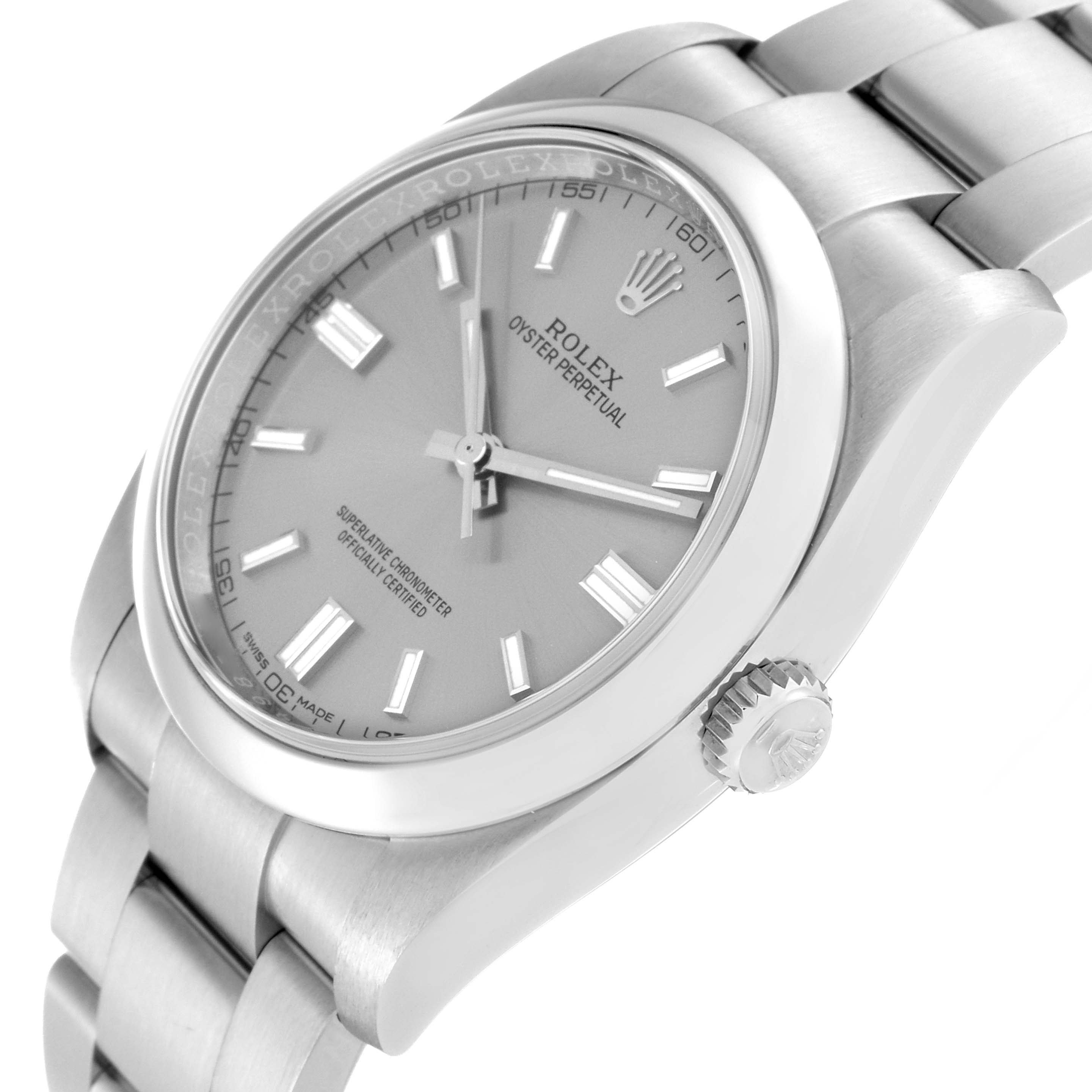 The Rolex Oyster Perpetual 116000 Men's Stainless Steel Grey Dial 116000 Men's Stainless Steel Grey Dial watch is shown from a three-quarter angle, highlighting the face, bezel, crown, and bracelet.
