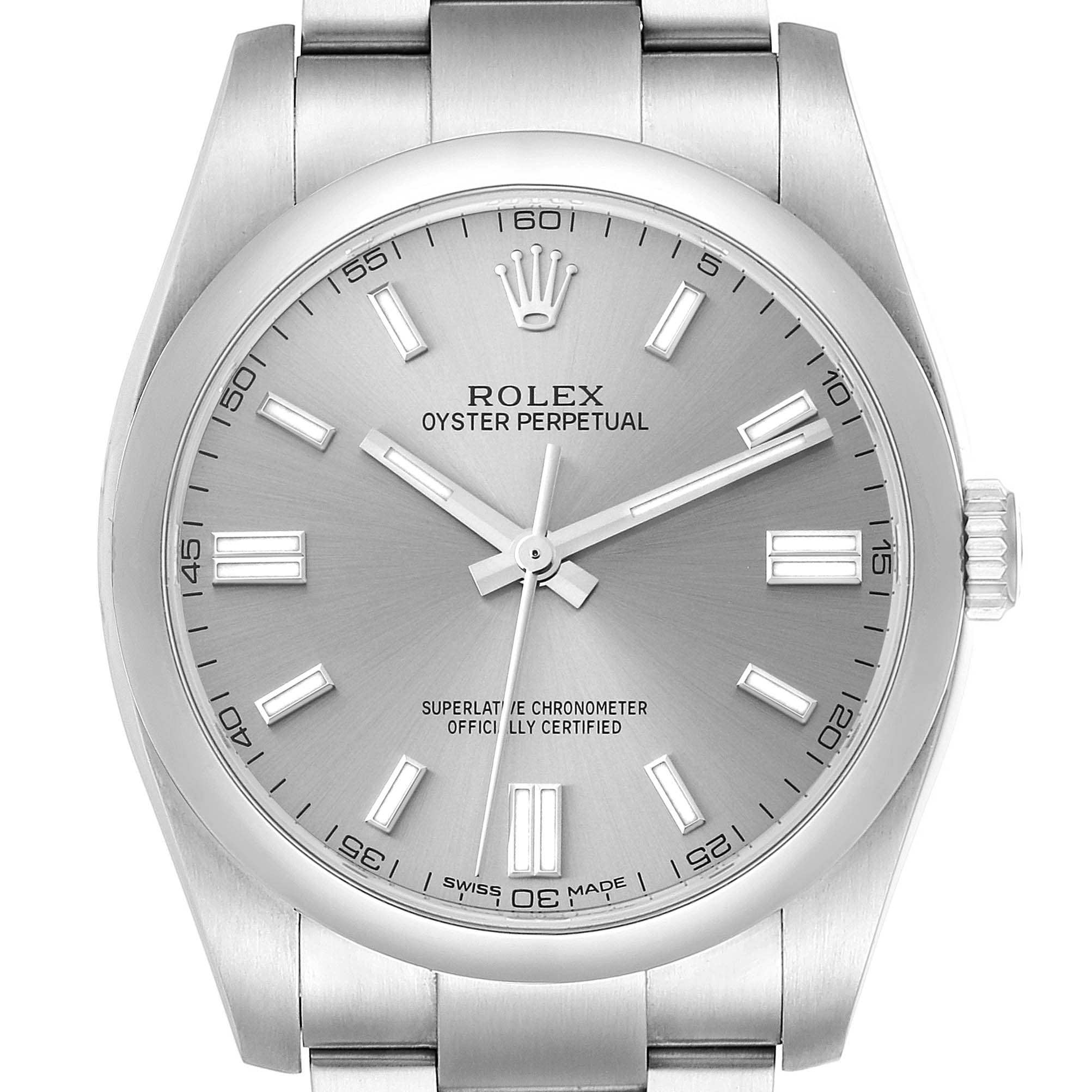This image shows a front view of the dial and part of the bracelet of a Rolex Oyster Perpetual 116000 Men's Stainless Steel Grey Dial 116000 Men's Stainless Steel Grey Dial watch.