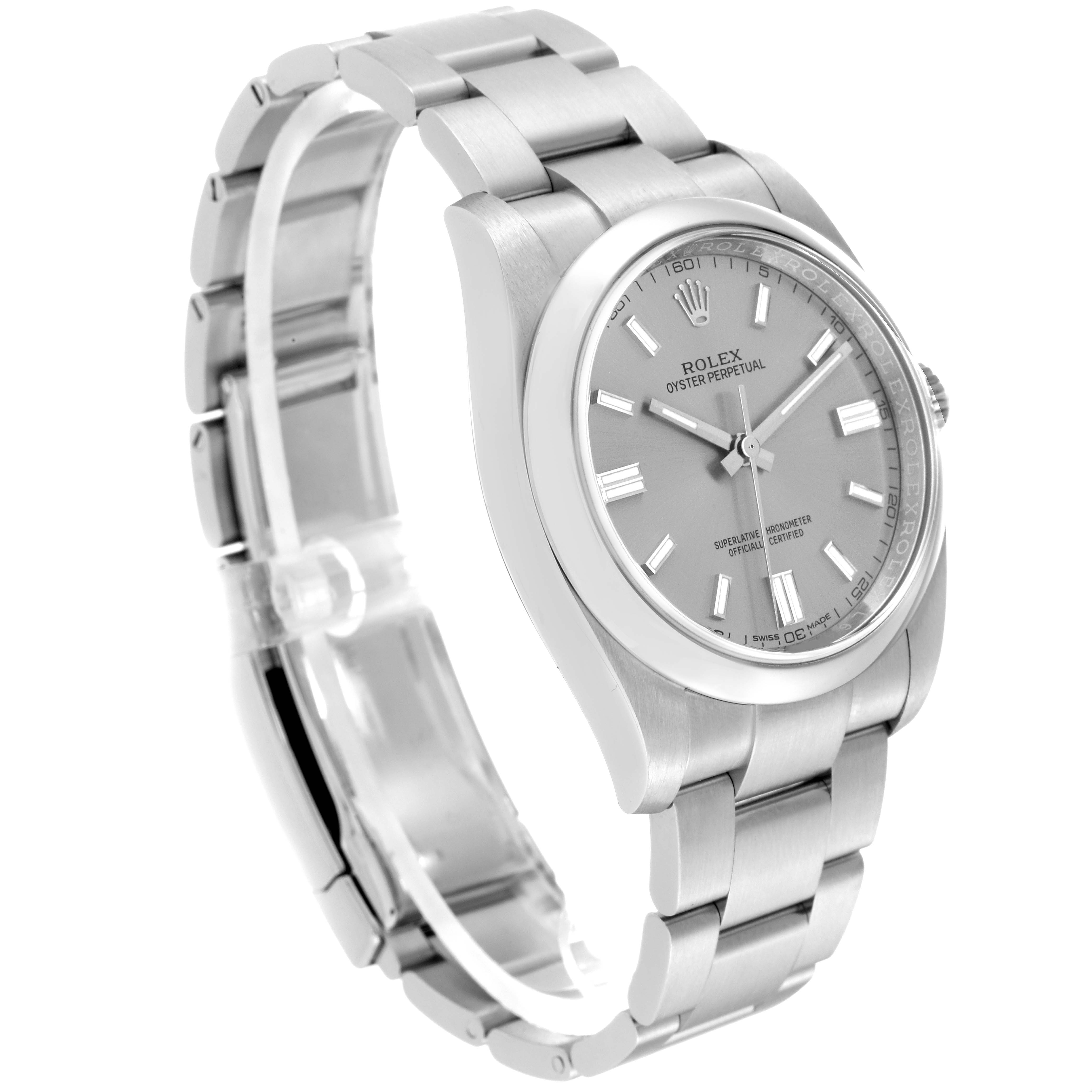 The image shows a side angle of a Rolex Oyster Perpetual 116000 Men's Stainless Steel Grey Dial 116000 Men's Stainless Steel Grey Dial watch highlighting its case, dial, and bracelet.