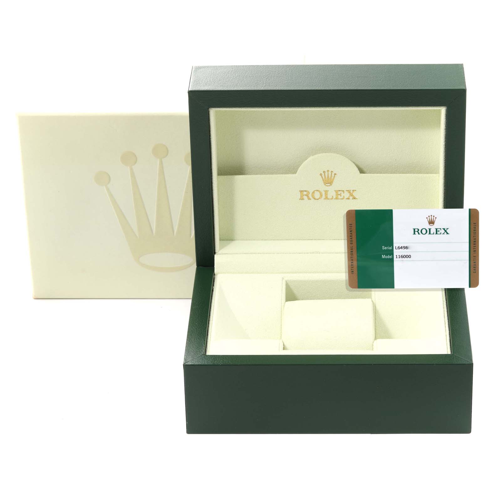 This image shows an open Rolex Oyster Perpetual 116000 Men's Stainless Steel Grey Dial 116000 Men's Stainless Steel Grey Dial watch box, with a model card displaying "Rolex" and "116000."