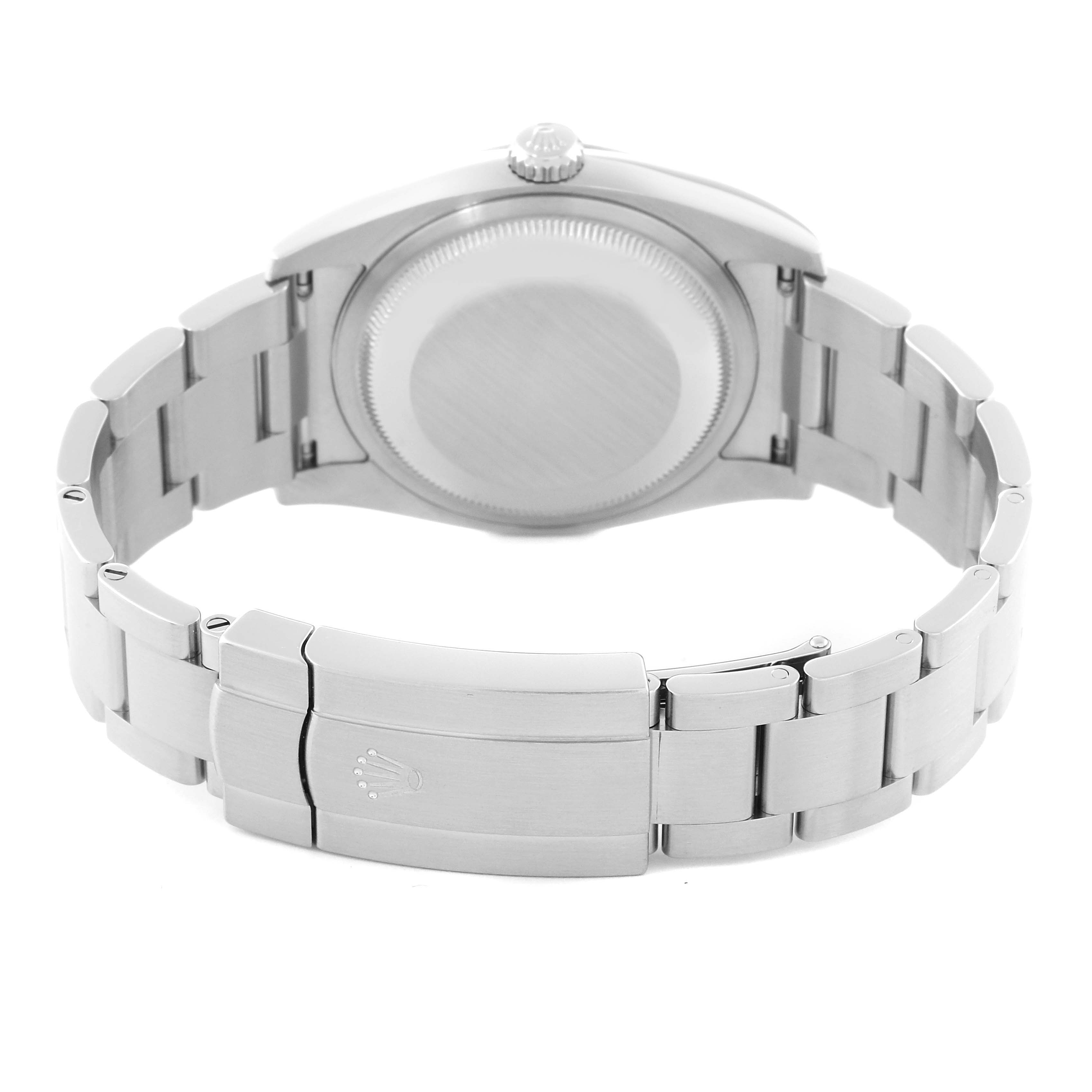 This image shows the case back and bracelet clasp of a Rolex Oyster Perpetual 116000 Men's Stainless Steel Grey Dial 116000 Men's Stainless Steel Grey Dial watch from a rear angle.