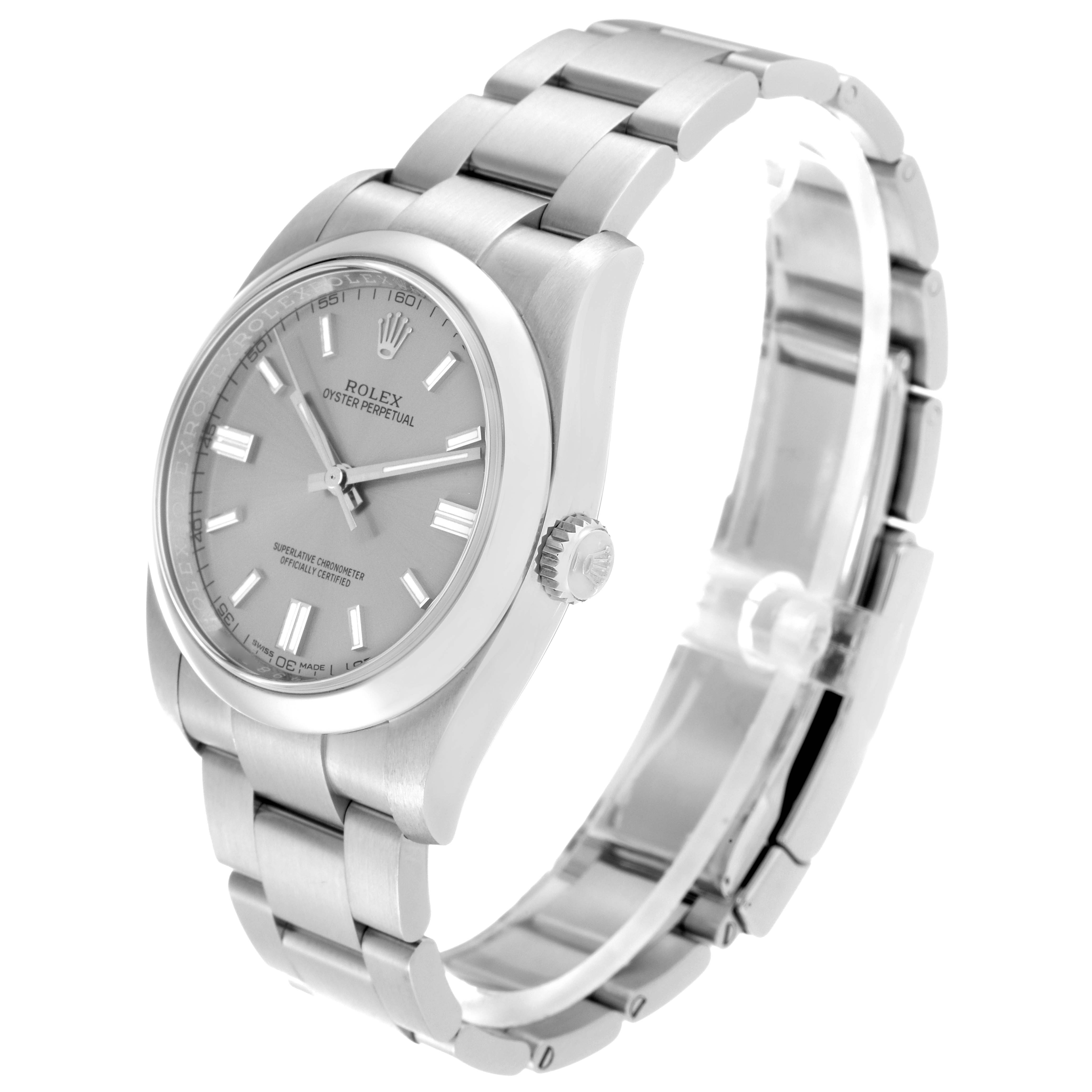The Rolex Oyster Perpetual 116000 Men's Stainless Steel Grey Dial 116000 Men's Stainless Steel Grey Dial watch is shown from a side angle, highlighting the dial, case, crown, and bracelet.