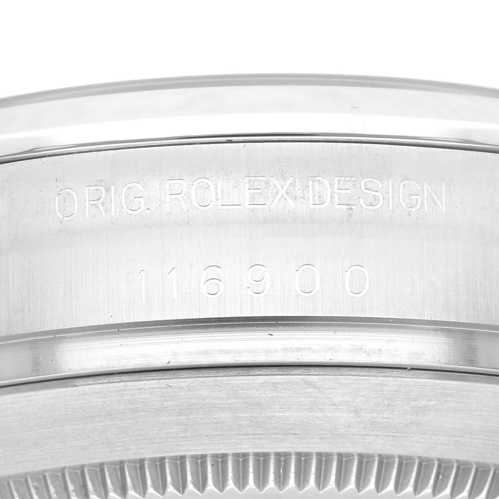 This image shows the inner side view of the bezel and lugs of a Rolex Air-King 116900 Men's Stainless Steel Black Dial 116900 Men's Stainless Steel Black Dial 116900, engraved with “O RIG. ROLEX DESIGN.”