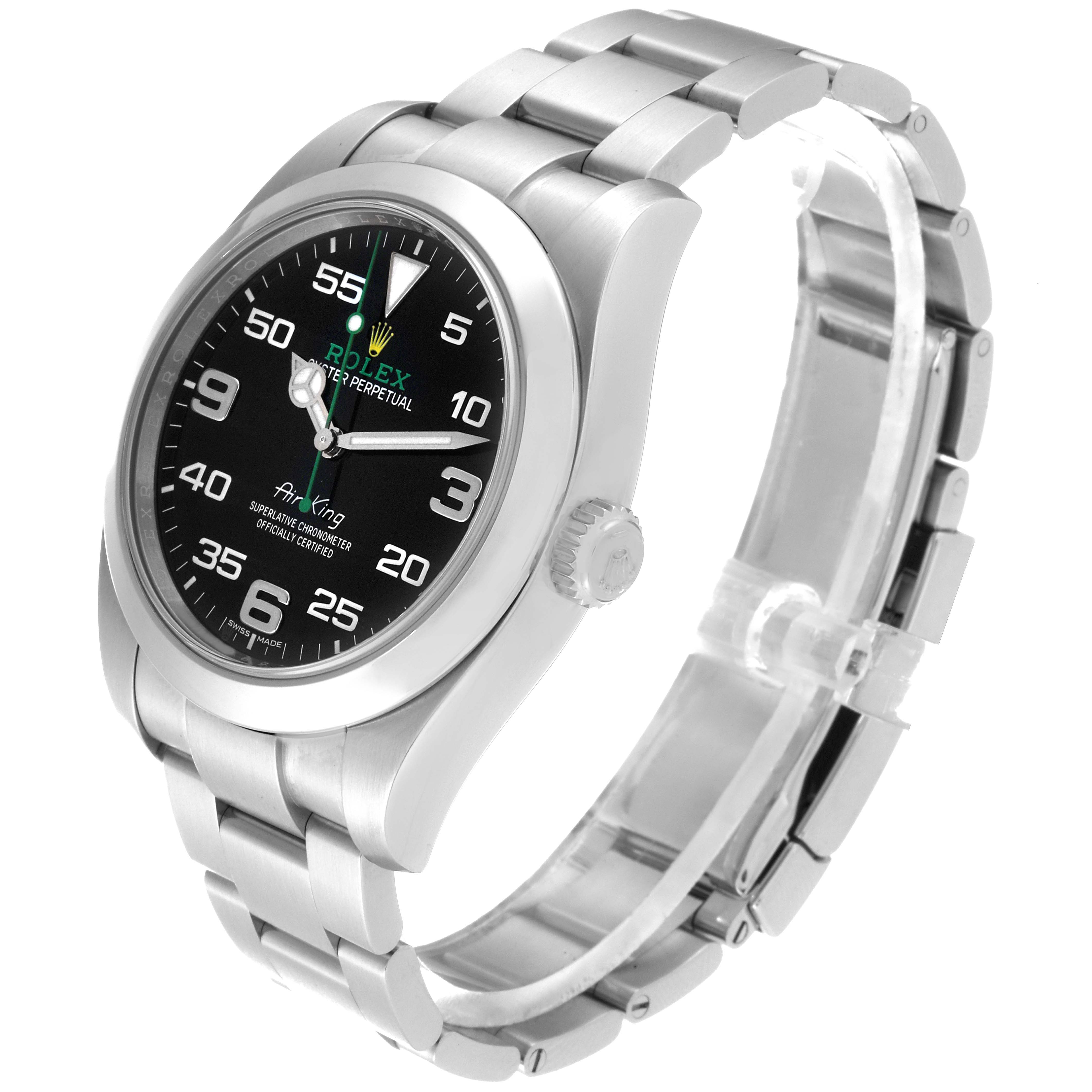 This image shows a Rolex Air-King 116900 Men's Stainless Steel Black Dial 116900 Men's Stainless Steel Black Dial watch from a side angle, displaying its dial, bezel, crown, and bracelet.