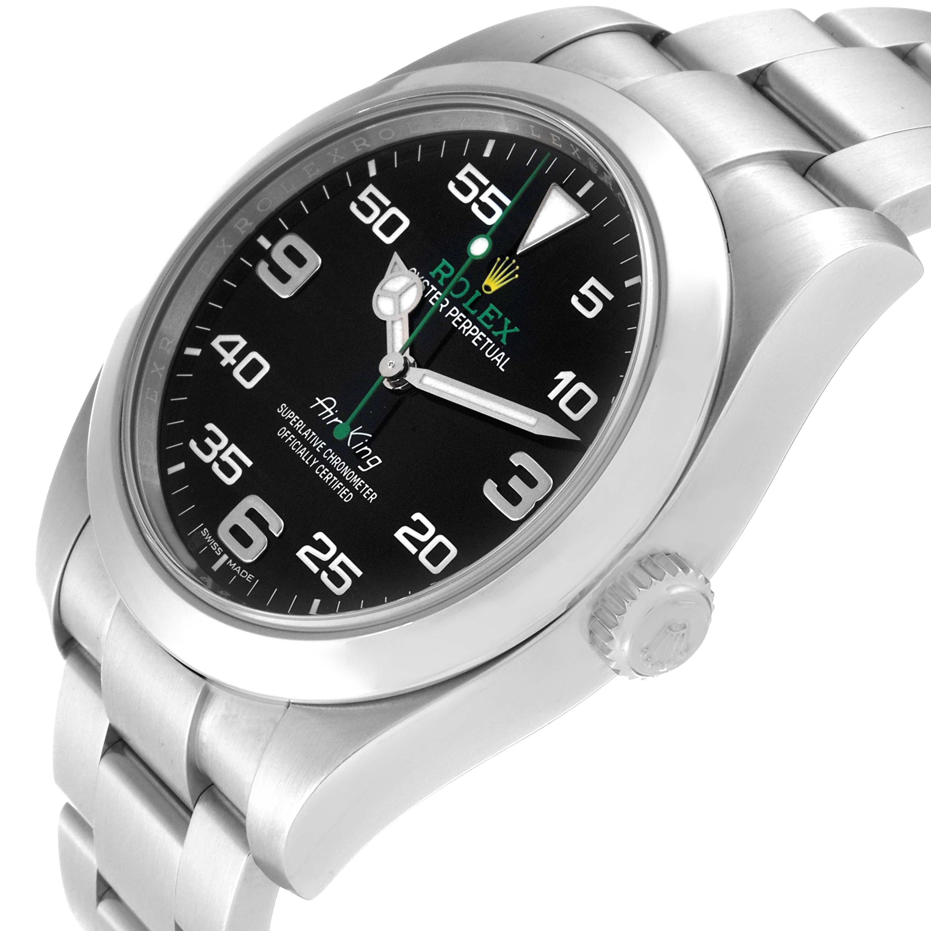 The image shows a close-up angle of a Rolex Air-King 116900 Men's Stainless Steel Black Dial 116900 Men's Stainless Steel Black Dial watch, featuring the face, crown, and part of the bracelet.