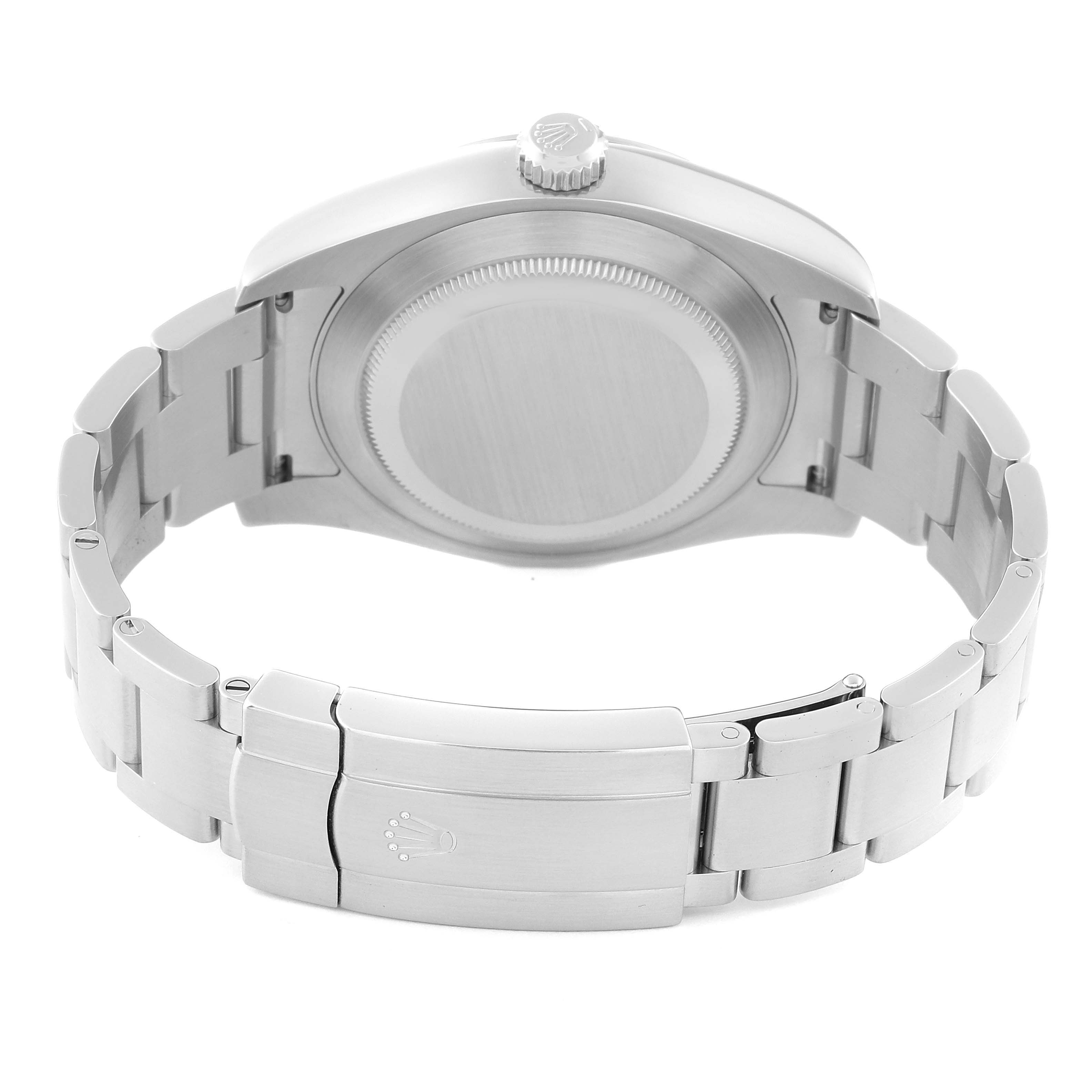 The image shows the back case, crown, and clasp of the Rolex Air-King 116900 Men's Stainless Steel Black Dial 116900 Men's Stainless Steel Black Dial watch from a rear angle.