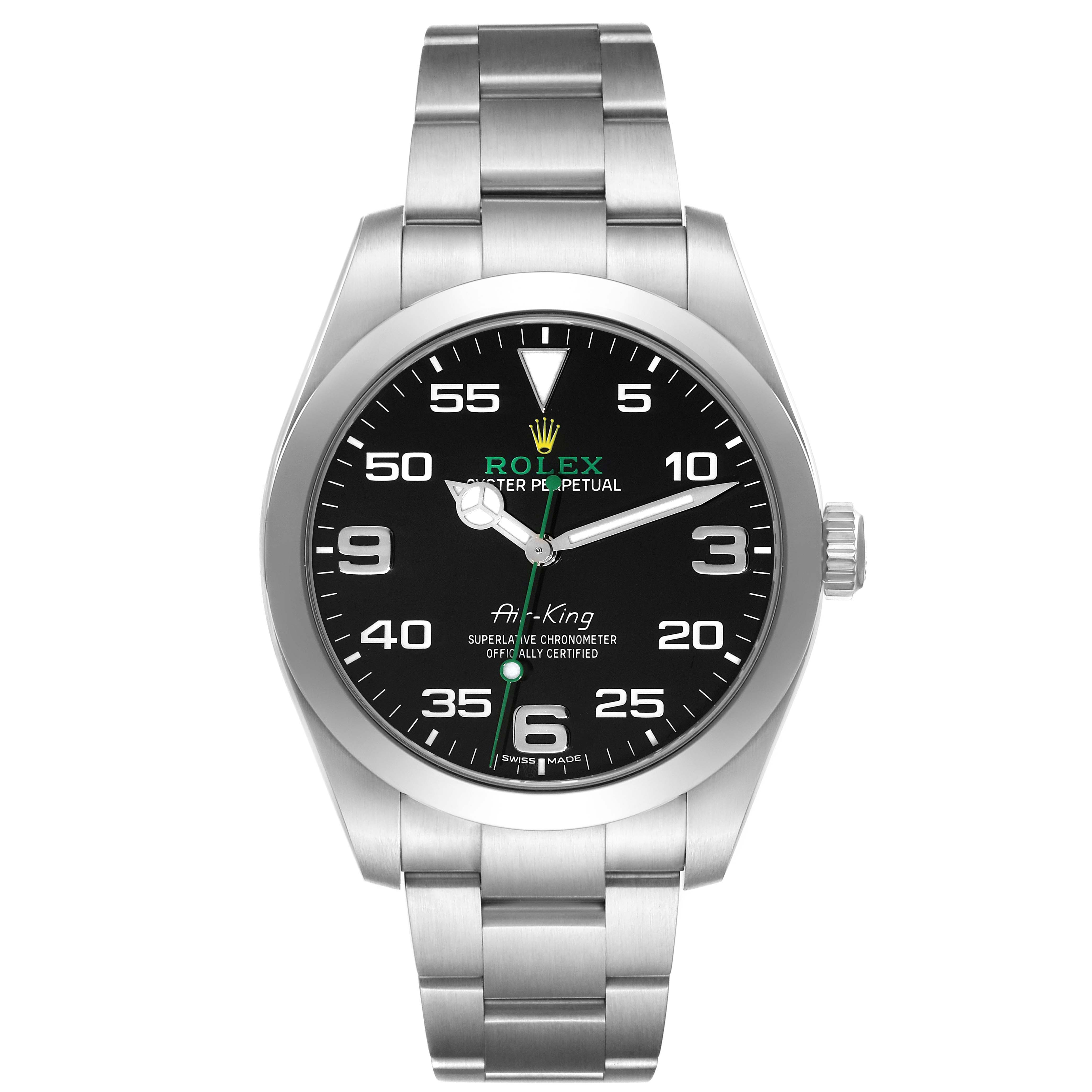 This image shows a front view of the Rolex Air-King 116900 Men's Stainless Steel Black Dial 116900 Men's Stainless Steel Black Dial watch, displaying its dial, bezel, and bracelet.