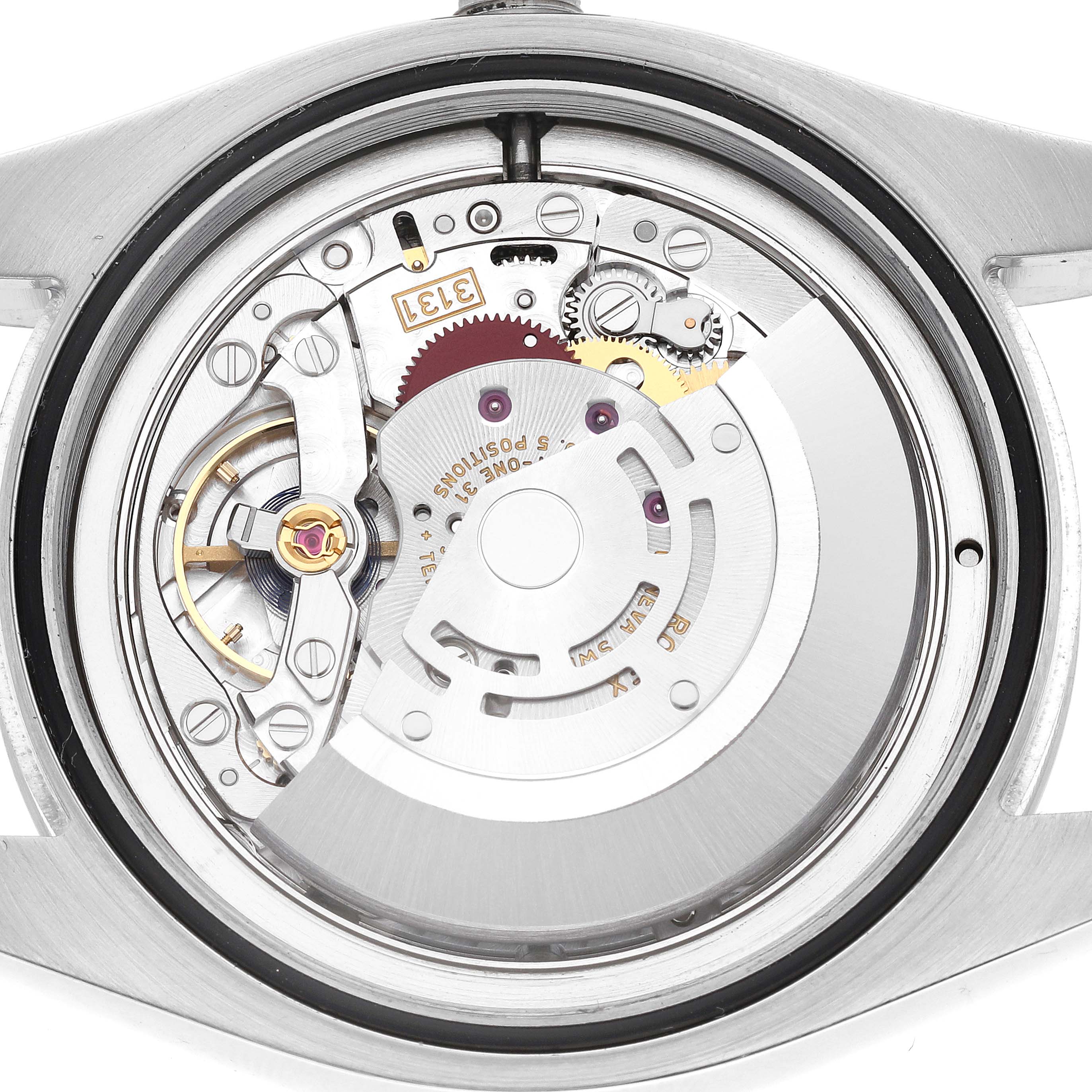 The image shows the movement mechanism of the Rolex Air-King 116900 Men's Stainless Steel Black Dial 116900 Men's Stainless Steel Black Dial watch, viewed from the back case.