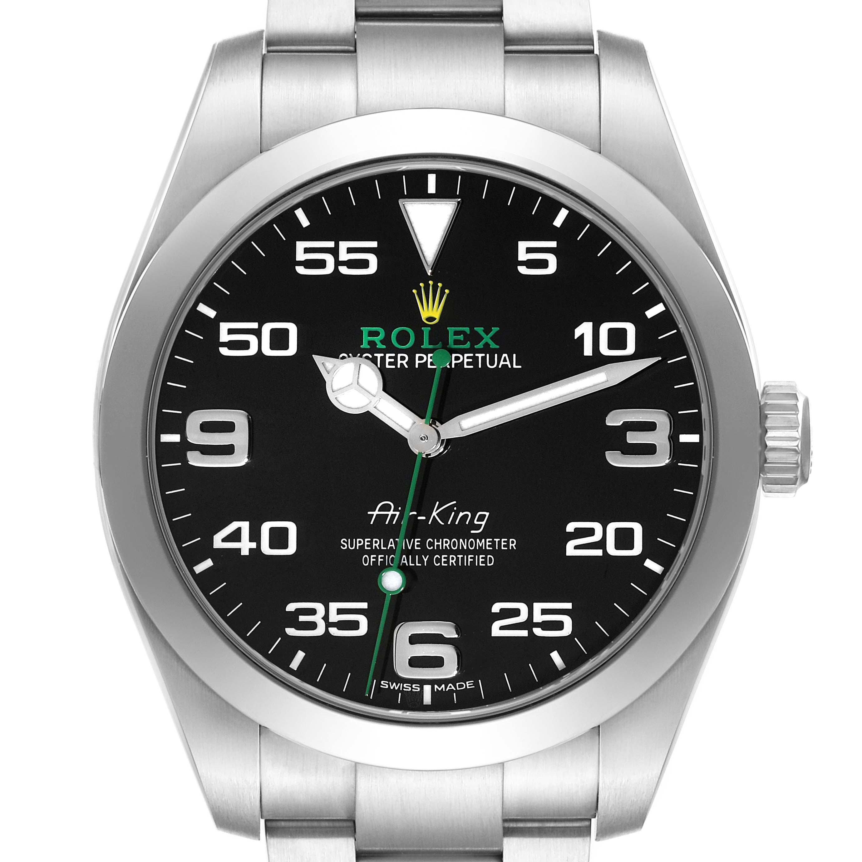 The Rolex Air-King 116900 Men's Stainless Steel Black Dial 116900 Men's Stainless Steel Black Dial watch is shown from a front angle, highlighting its face, dial, crown, and bracelet.