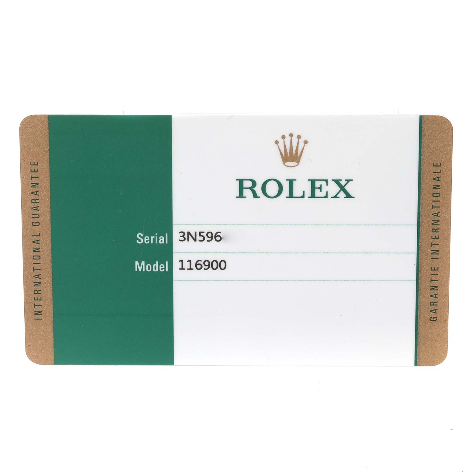 This image shows a guarantee card for the Rolex Air-King 116900 Men's Stainless Steel Black Dial 116900 Men's Stainless Steel Black Dial model.