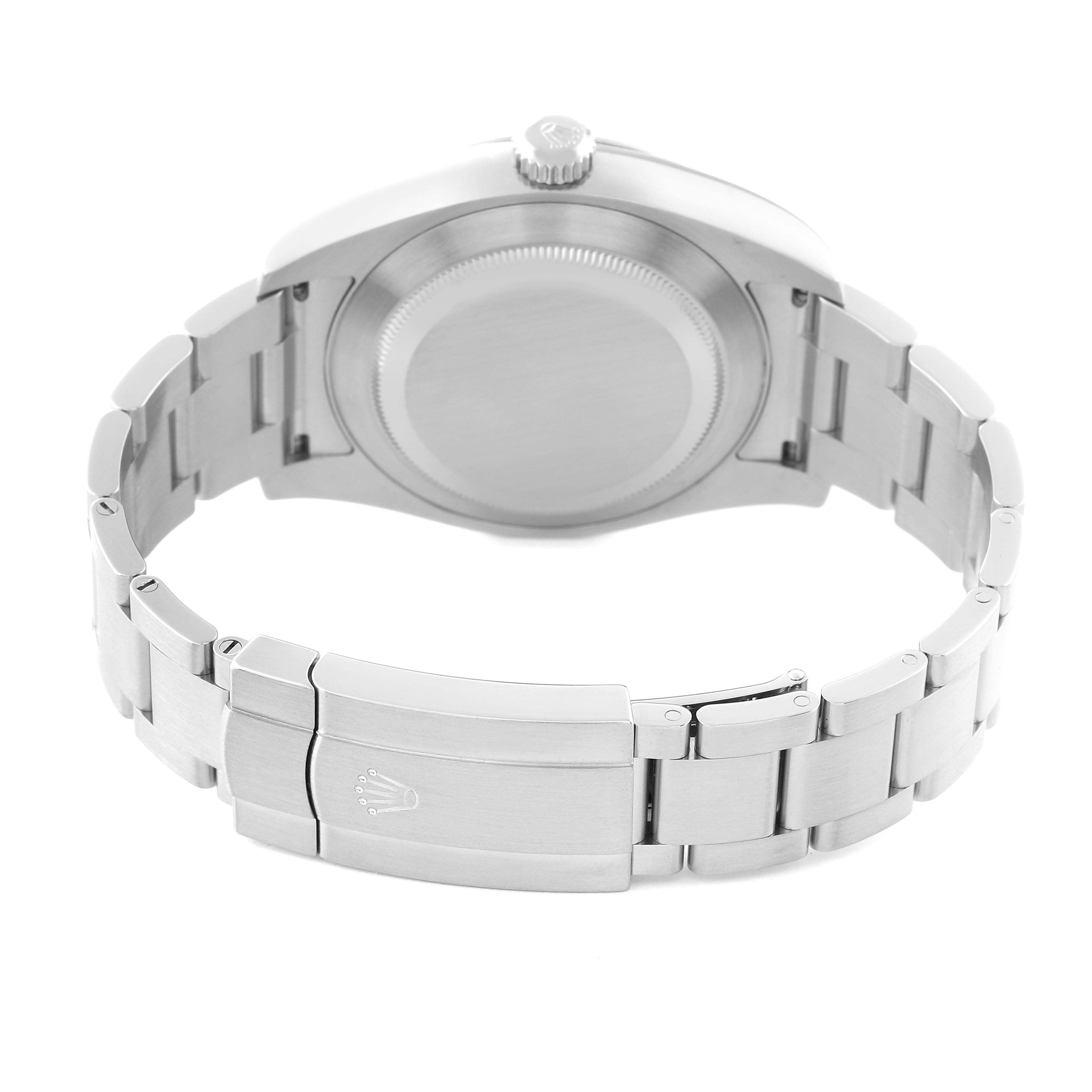 The image shows the back of the Rolex Air-King 116900 Men's Stainless Steel Black Dial 116900 Men's Stainless Steel Black Dial watch, focusing on the clasp, bracelet, and case back.