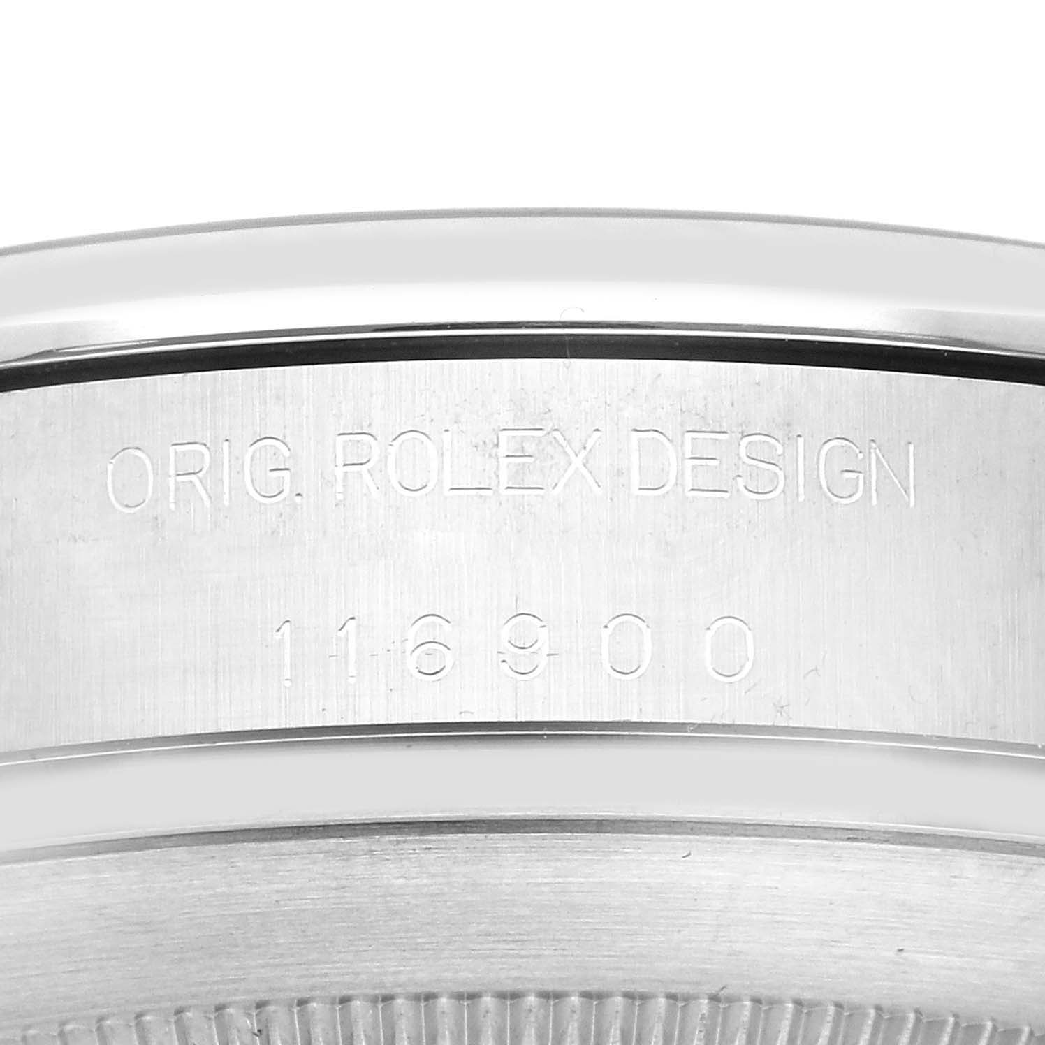 The image shows a close-up of the case side of the Rolex Air-King 116900 Men's Stainless Steel Black Dial 116900 Men's Stainless Steel Black Dial watch, highlighting the engraved text "ORIG. ROLEX DESIGN 116900."