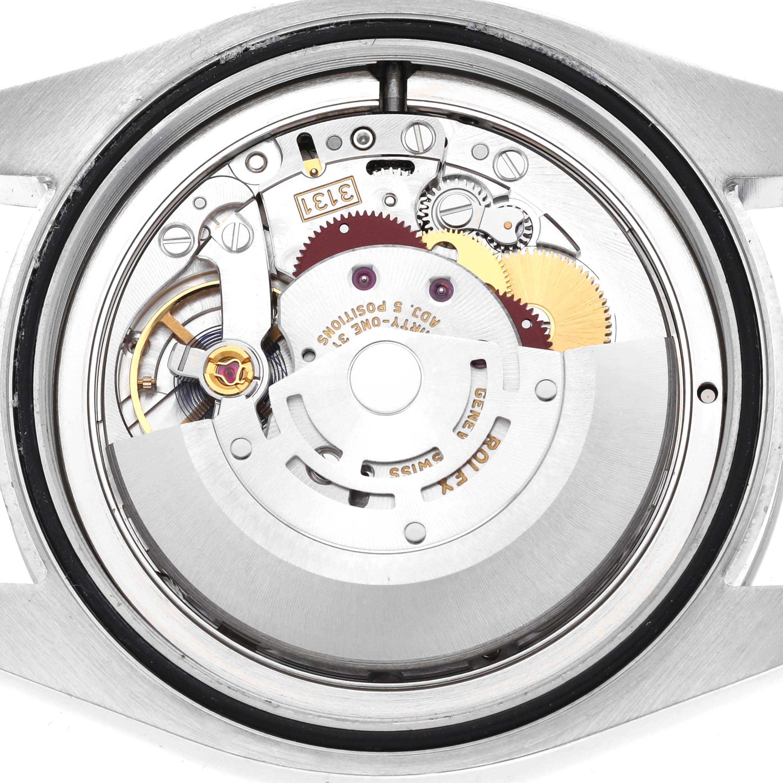 The image shows the internal movement mechanism of a Rolex Air-King 116900 Men's Stainless Steel Black Dial 116900 Men's Stainless Steel Black Dial watch from a case-back view.