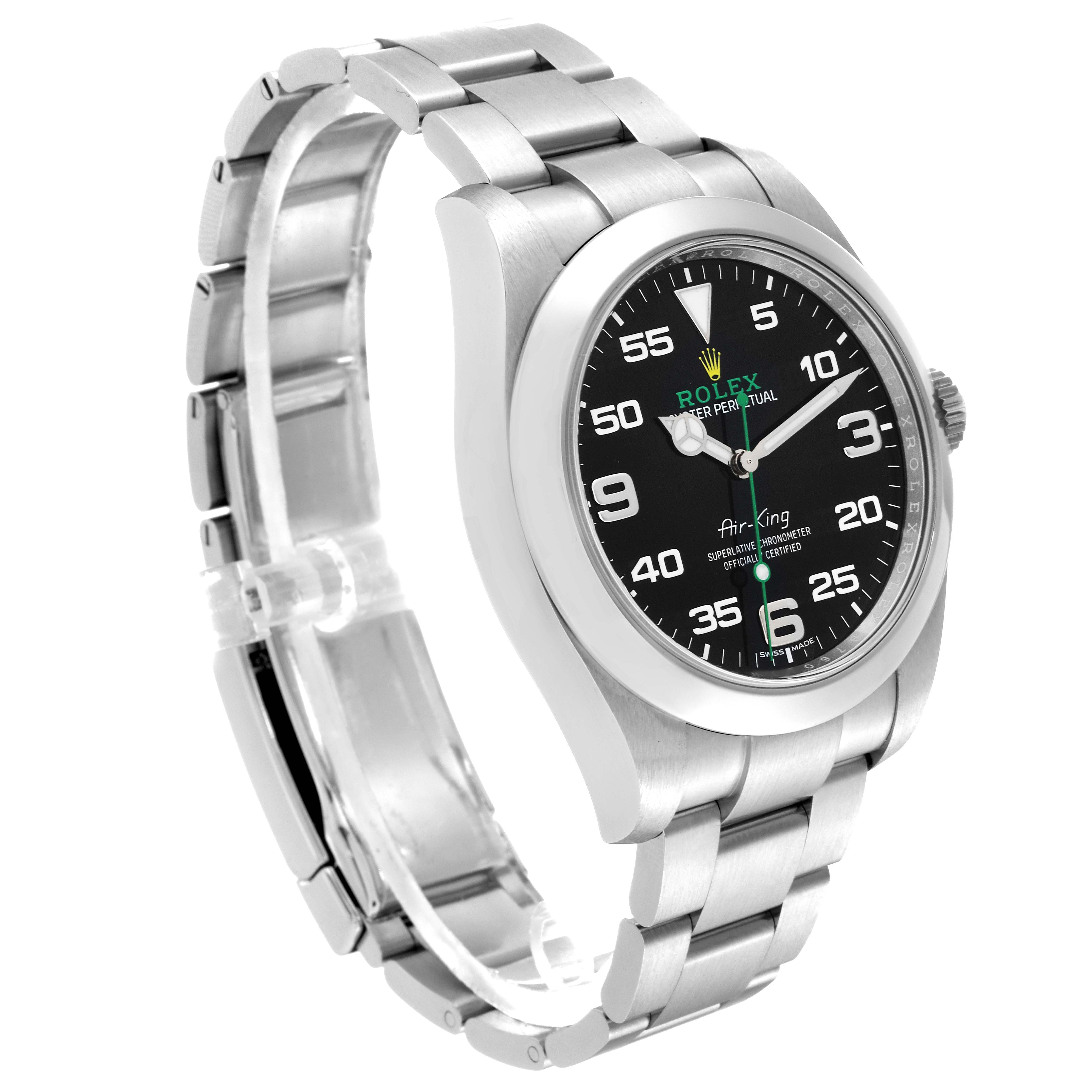 This image shows a side angle of the Rolex Air-King 116900 Men's Stainless Steel Black Dial 116900 Men's Stainless Steel Black Dial watch, featuring its stainless steel bracelet and black dial.