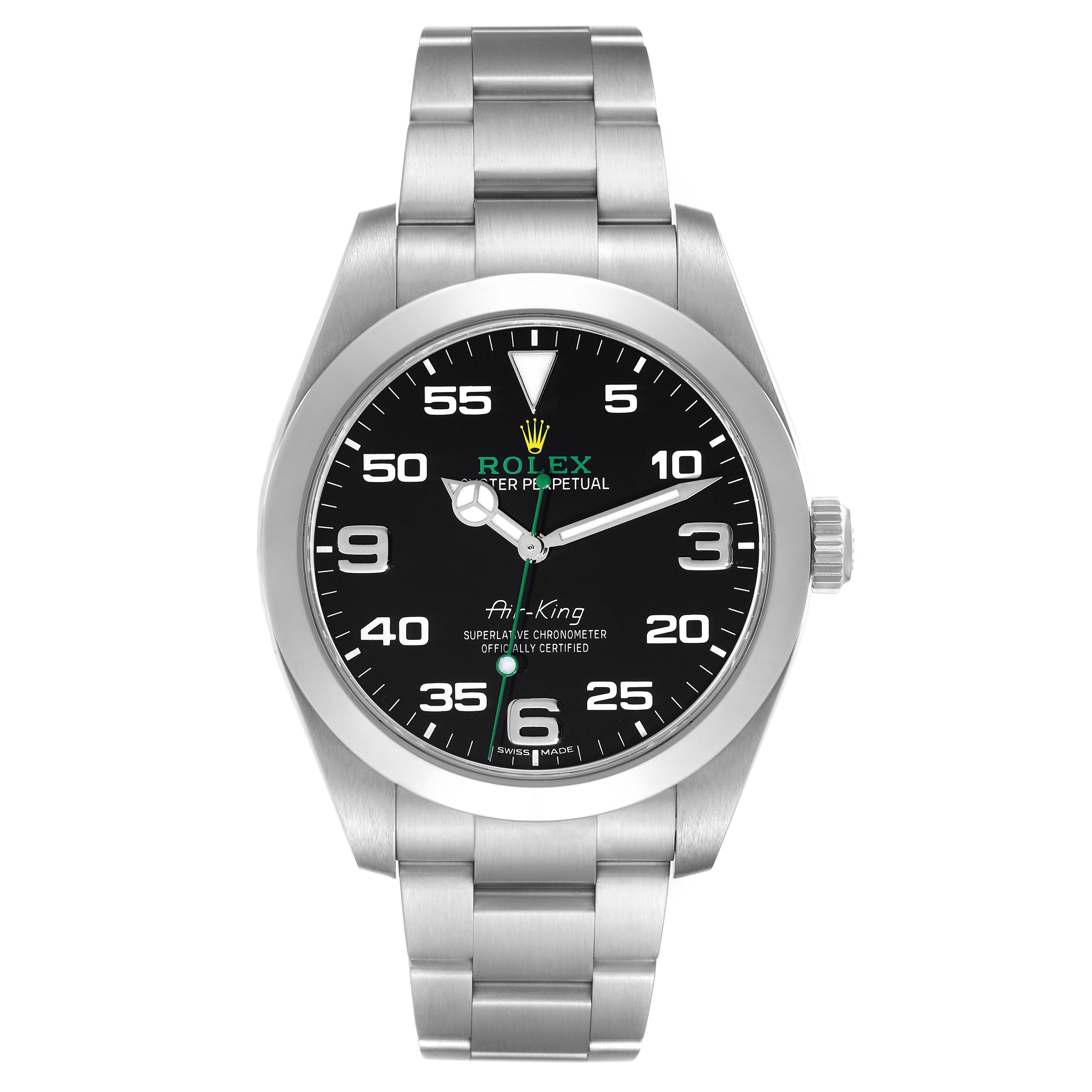 The image shows a front view of the Rolex Air-King 116900 Men's Stainless Steel Black Dial 116900 Men's Stainless Steel Black Dial watch, displaying the dial, case, and stainless steel bracelet.