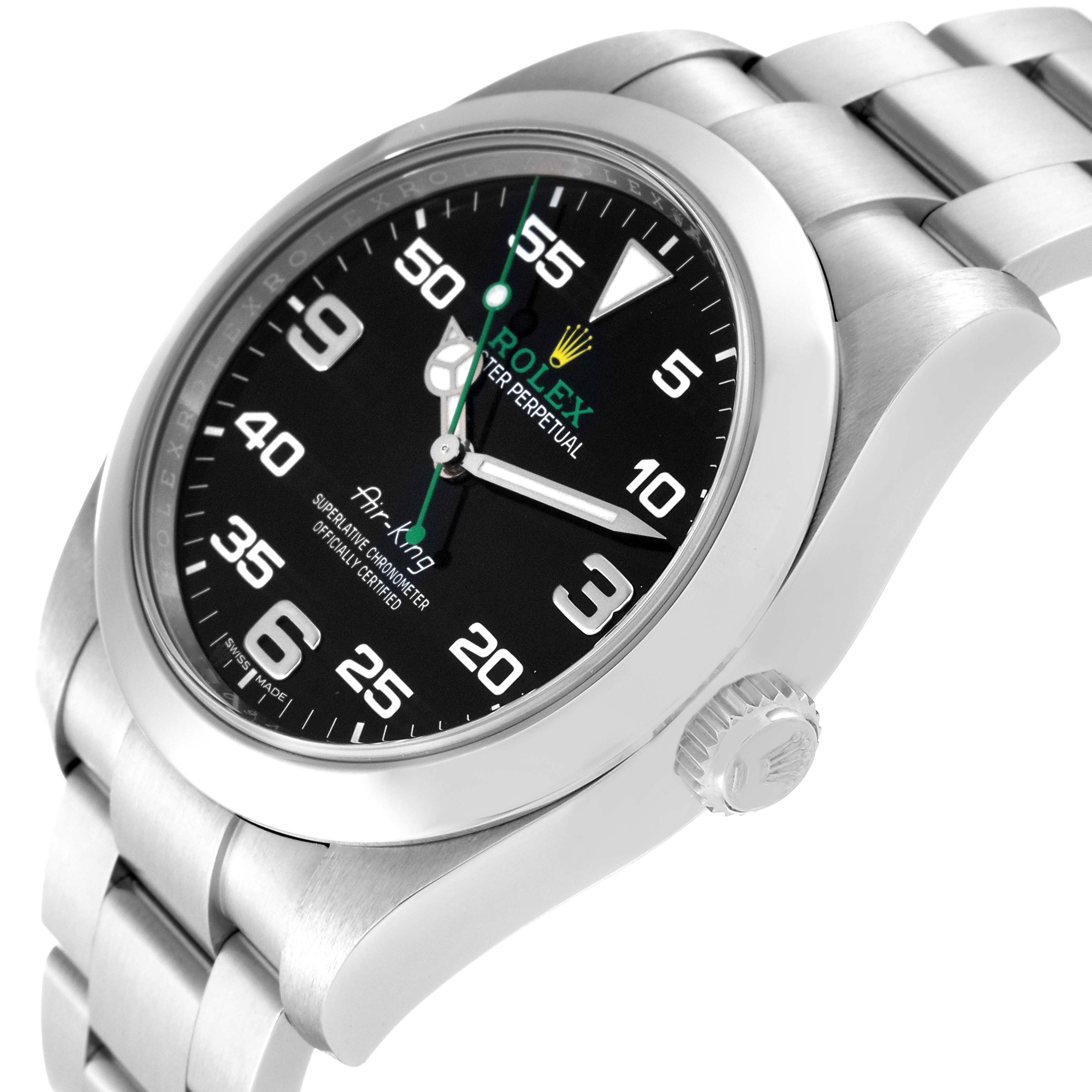 The image shows a Rolex Air-King 116900 Men's Stainless Steel Black Dial 116900 Men's Stainless Steel Black Dial watch at a three-quarter angle, highlighting the black dial, crown, and stainless steel bracelet.