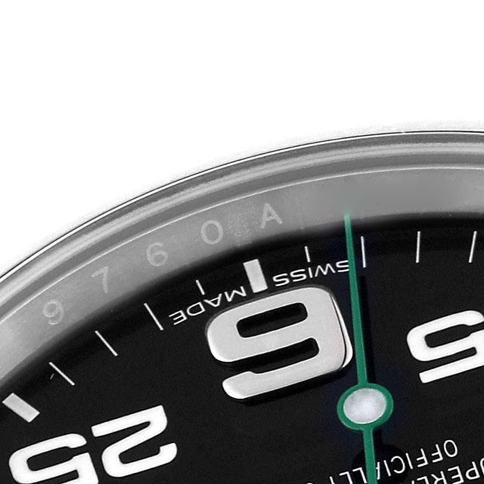 The close-up image shows the upper half of the dial of a Rolex Air-King 116900 Men's Stainless Steel Black Dial 116900 Men's Stainless Steel Black Dial watch, featuring the number 9 and part of the 25-26 minute marker.