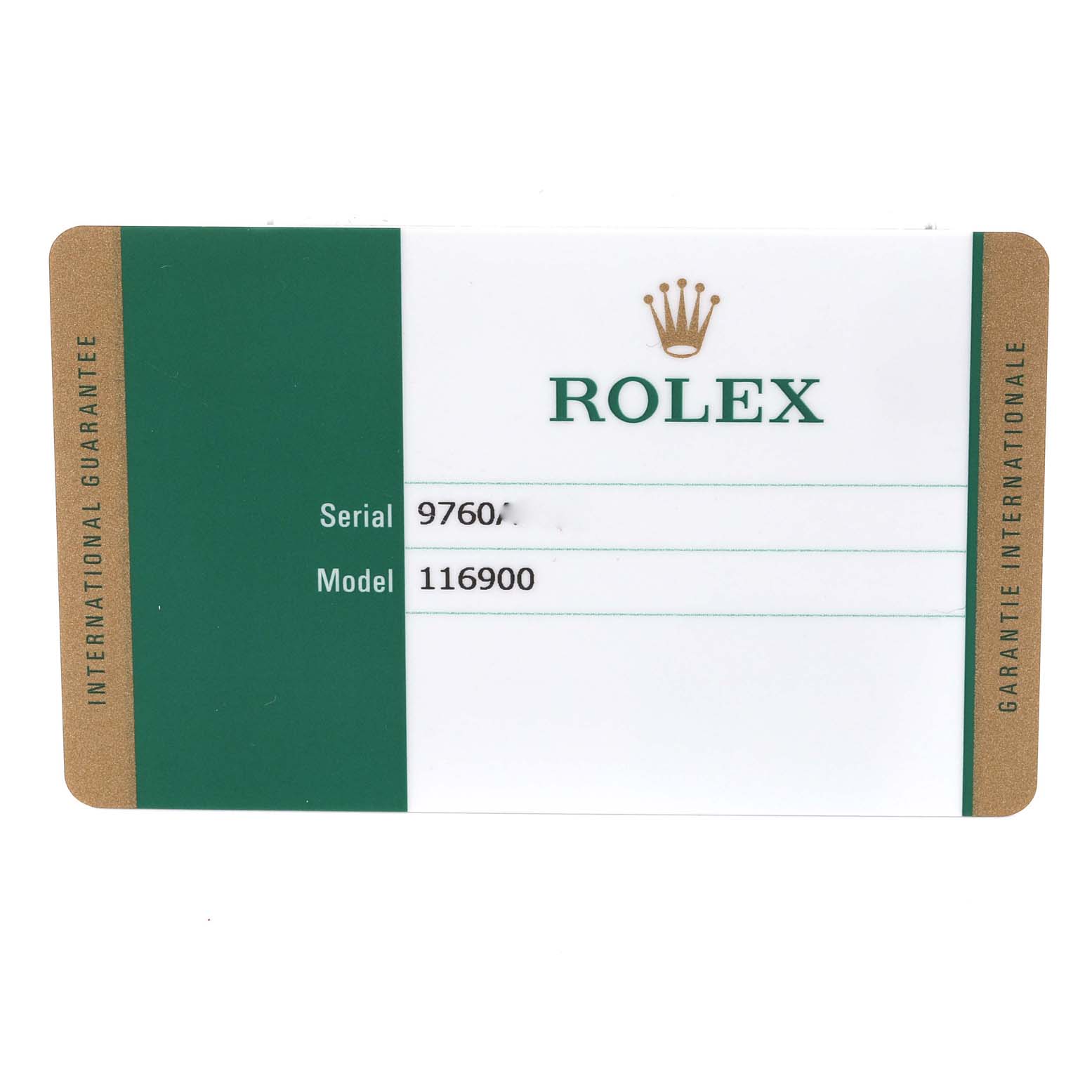 This is an international guarantee card for the Rolex Air-King 116900 Men's Stainless Steel Black Dial 116900 Men's Stainless Steel Black Dial model 116900, showing the serial number.
