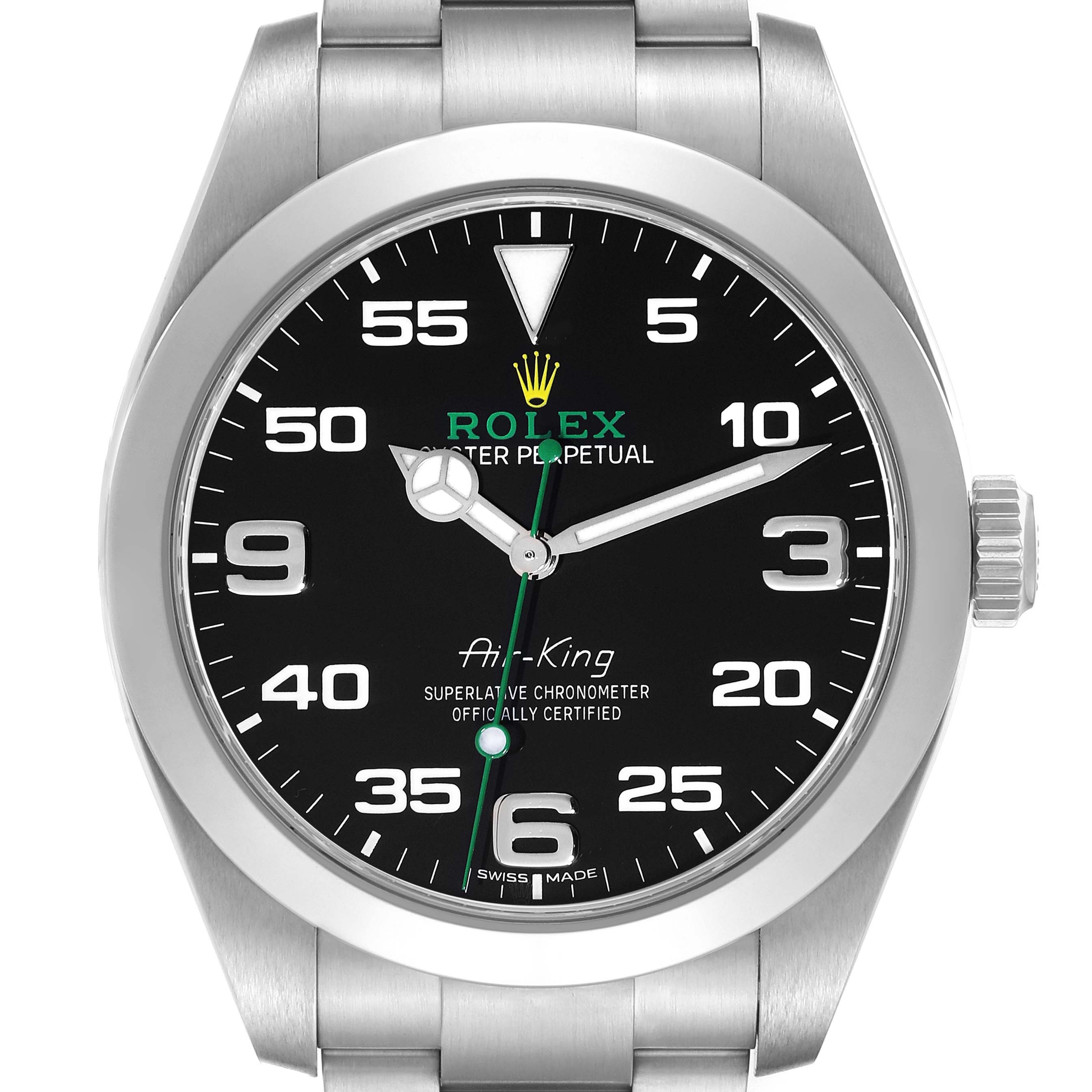A frontal view of a Rolex Air-King 116900 Men's Stainless Steel Black Dial 116900 Men's Stainless Steel Black Dial watch displaying the face, numerals, hands, and partially the metal bracelet.