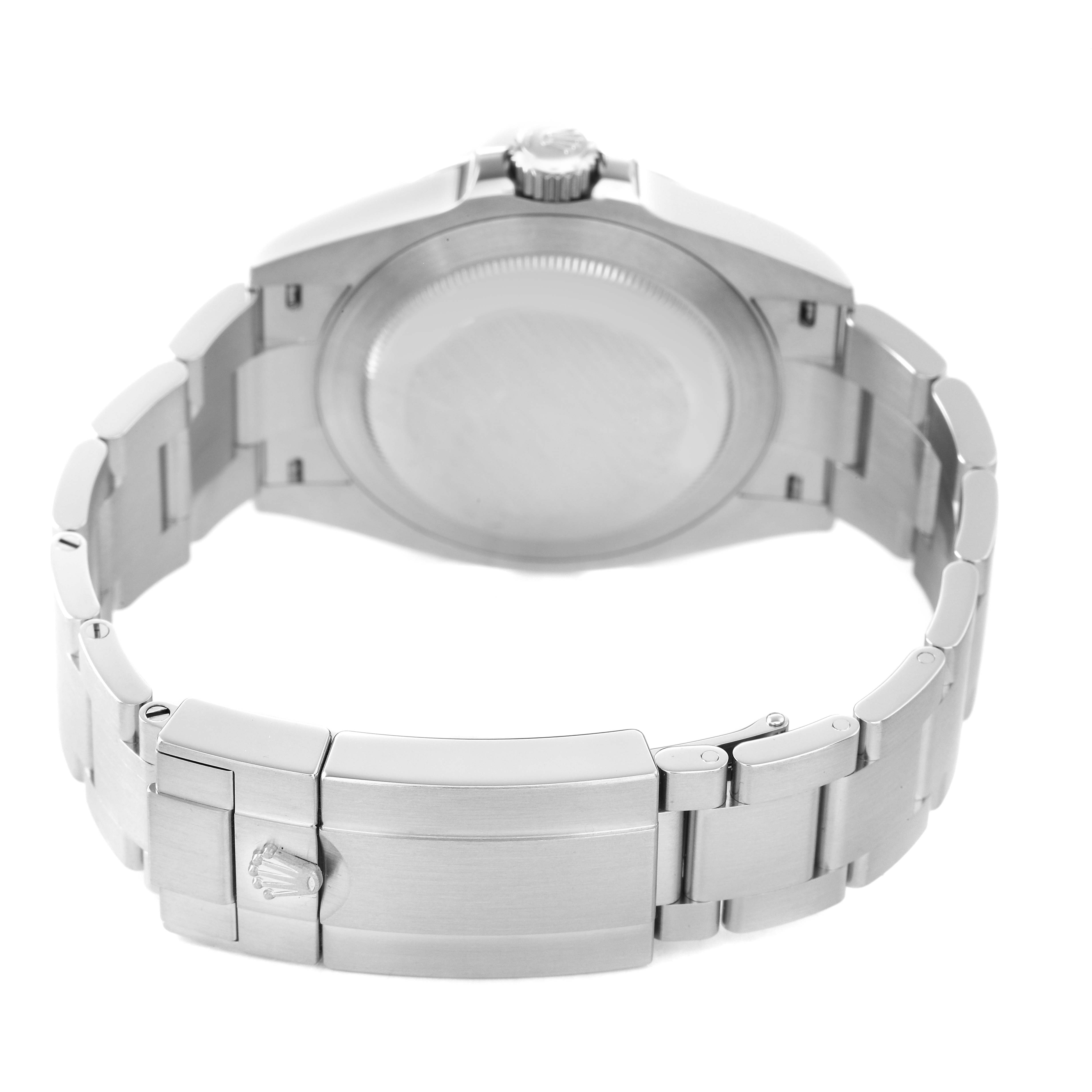 The Rolex Air-King 126900 Men's Stainless Steel Black Dial watch is shown from the back, displaying the clasp and bracelet links.