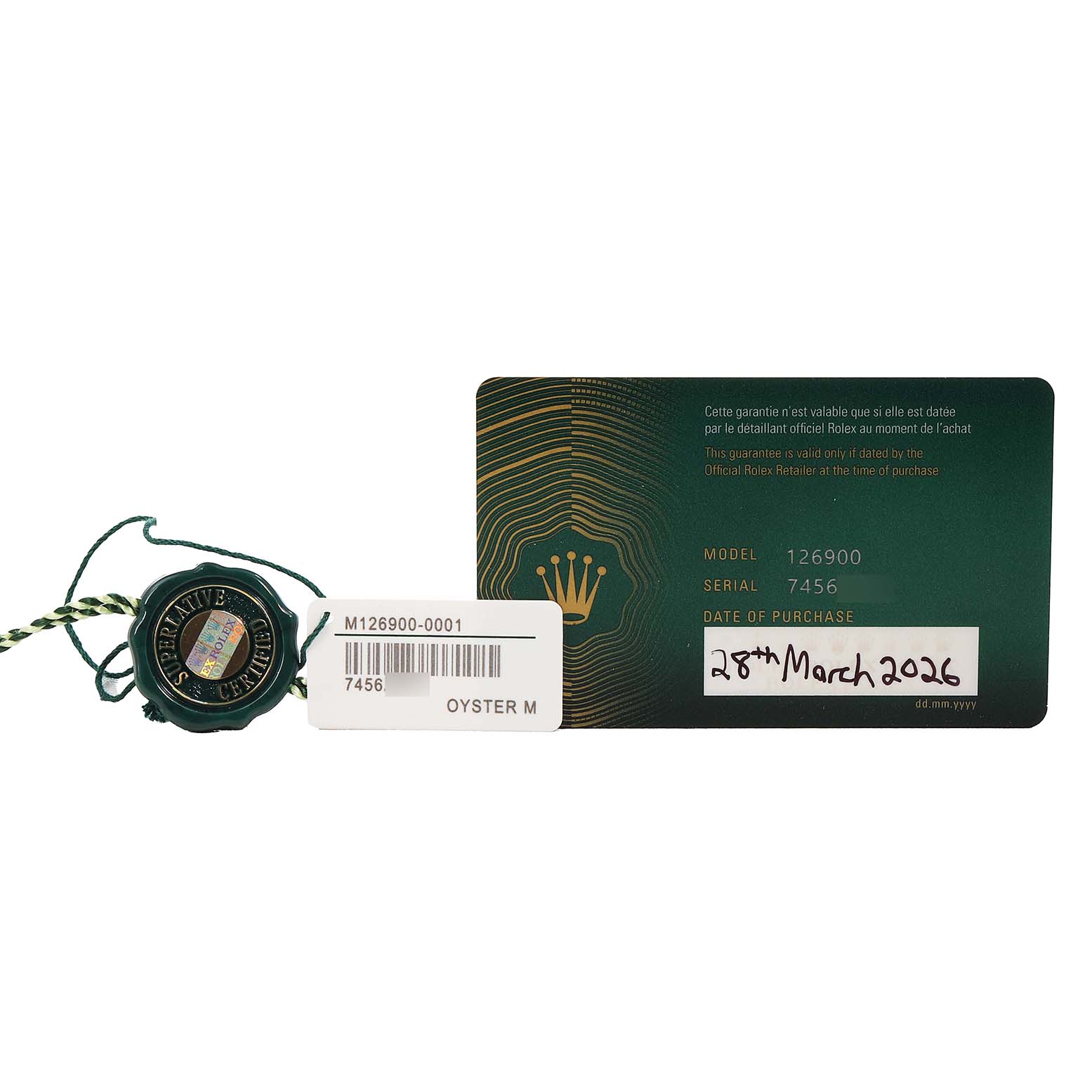 The image shows a Rolex Air-King 126900 Men's Stainless Steel Black Dial warranty card and a tag with model and serial details.