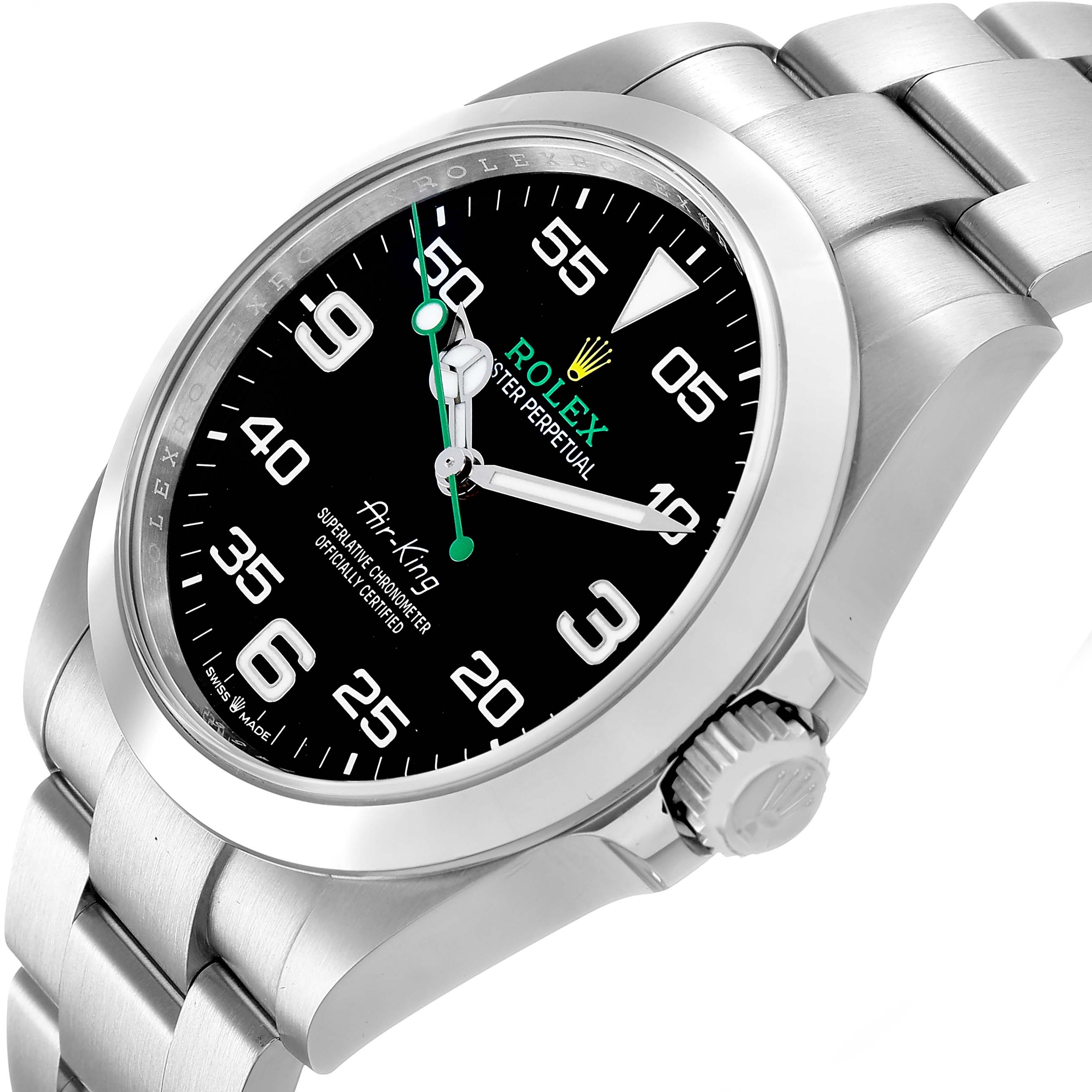 The Rolex Air-King 126900 Men's Stainless Steel Black Dial watch is shown at an angled side view, highlighting the dial, crown, and bracelet.