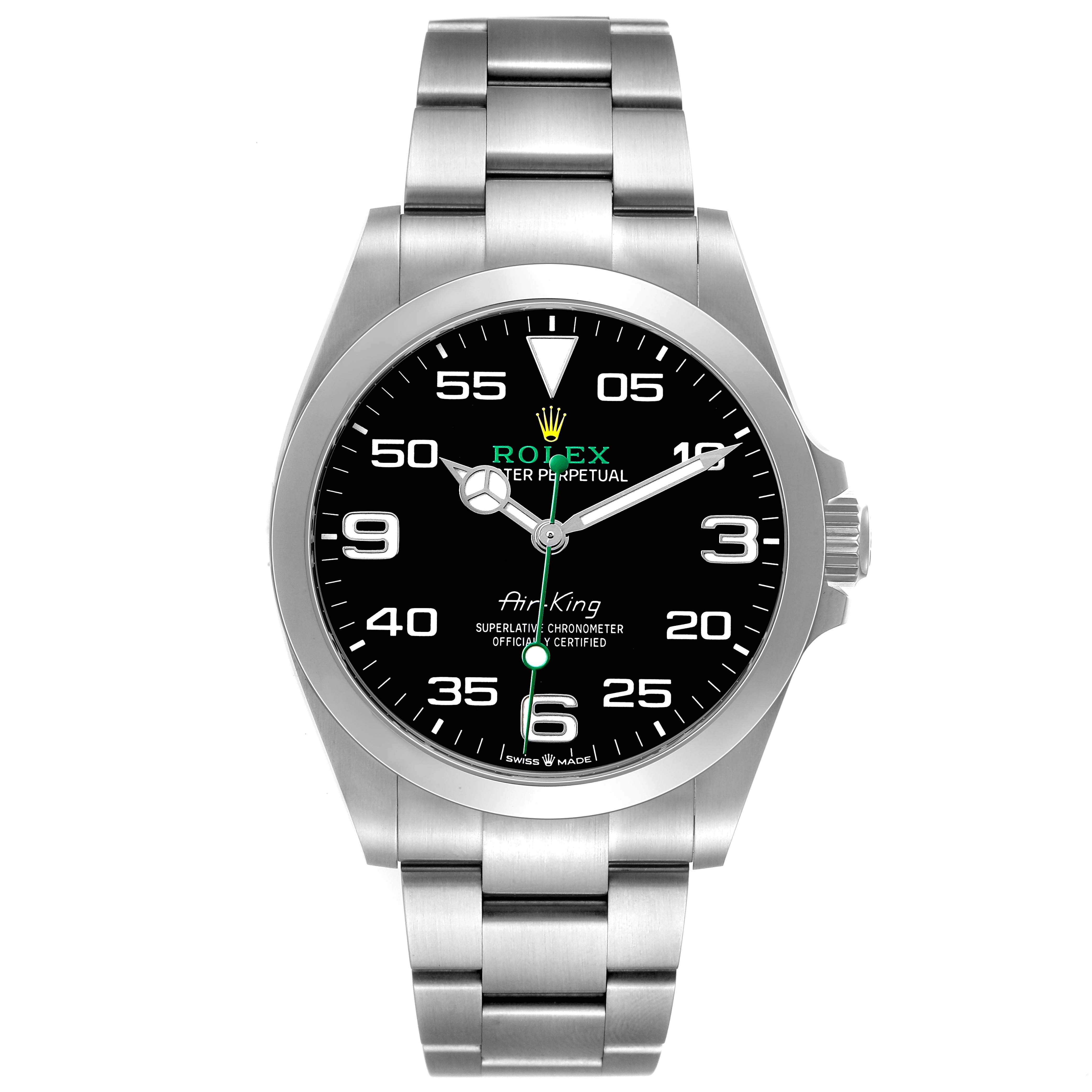 The Rolex Air-King 126900 Men's Stainless Steel Black Dial watch is shown from a front angle, displaying the face, bezel, and bracelet.