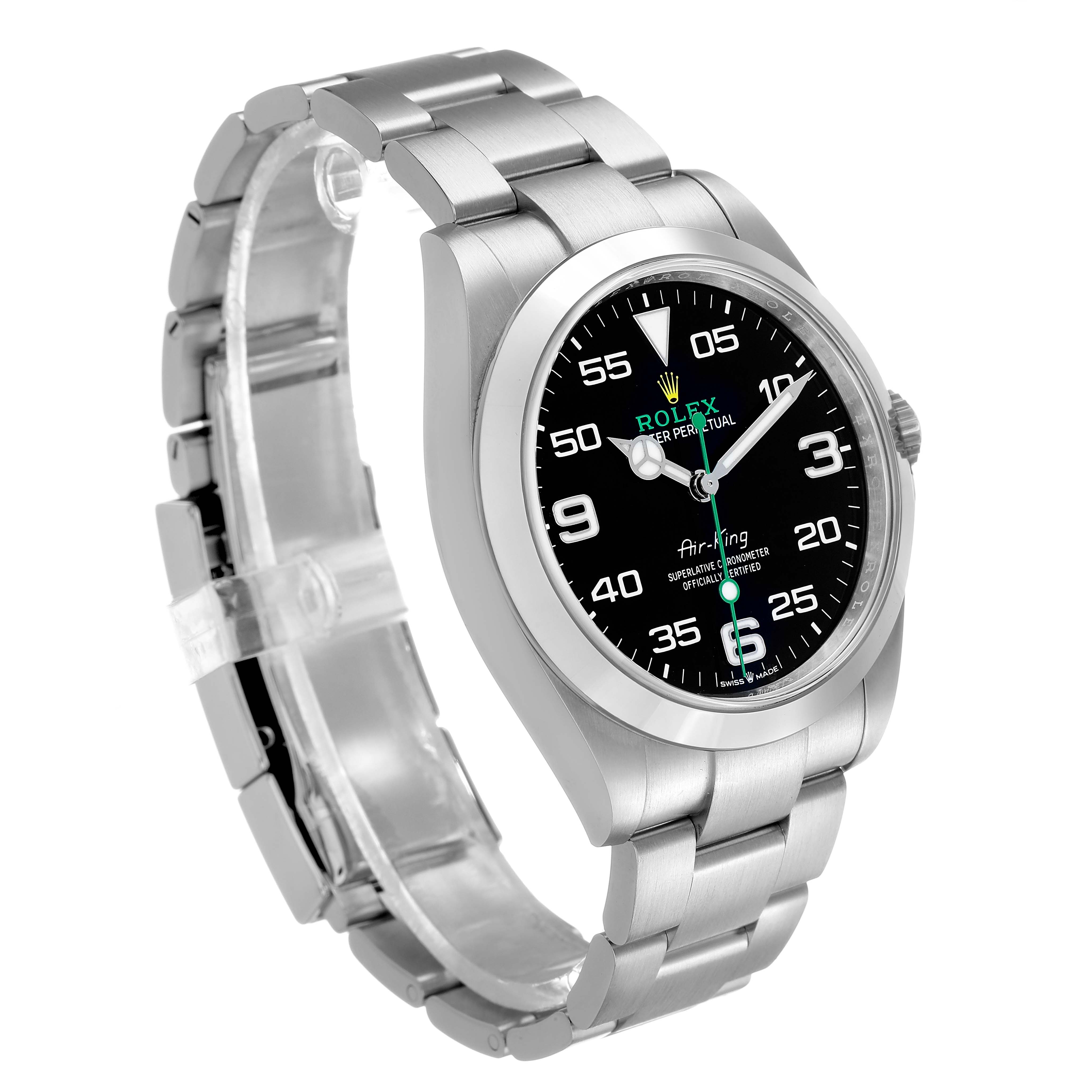 The Rolex Air-King 126900 Men's Stainless Steel Black Dial watch is shown at a three-quarter angle, displaying the face, bezel, and bracelet.