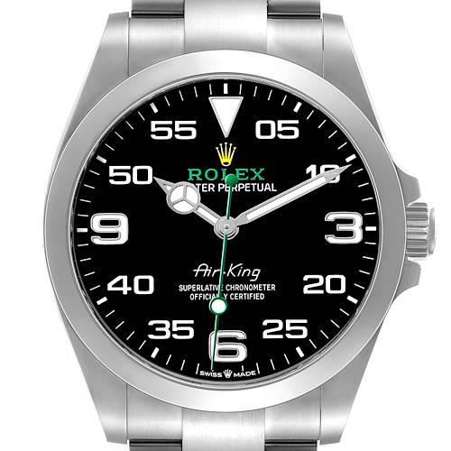 The image shows a front view of the Rolex Air-King 126900 Men's Stainless Steel Black Dial watch, highlighting its face, bezel, and part of the bracelet.