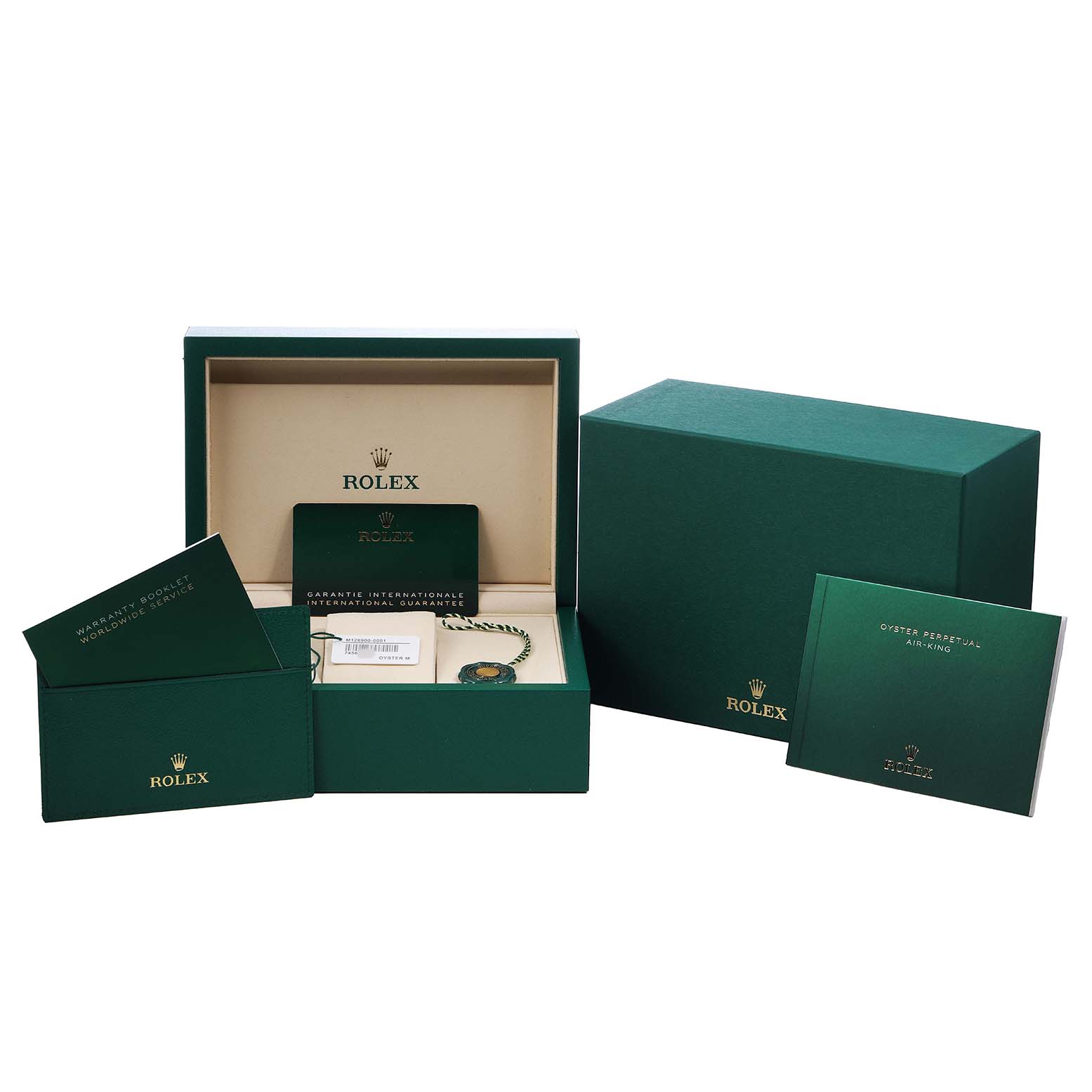 The image shows a Rolex Air-King 126900 Men's Stainless Steel Black Dial box set with the watch box, warranty card, booklet, and tags.