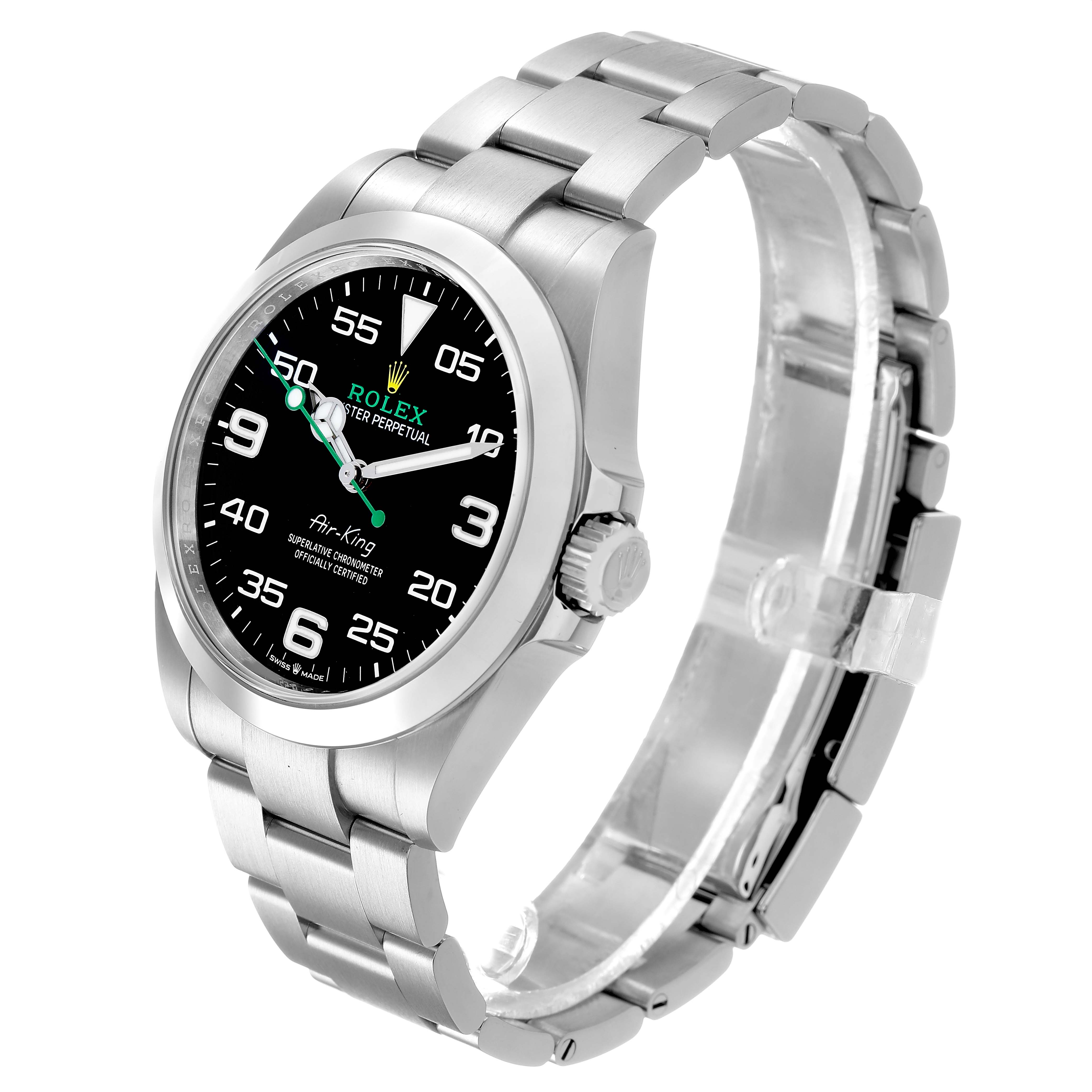 The Rolex Air-King 126900 Men's Stainless Steel Black Dial watch is shown at a slightly angled front view, highlighting the face, bezel, crown, and bracelet.