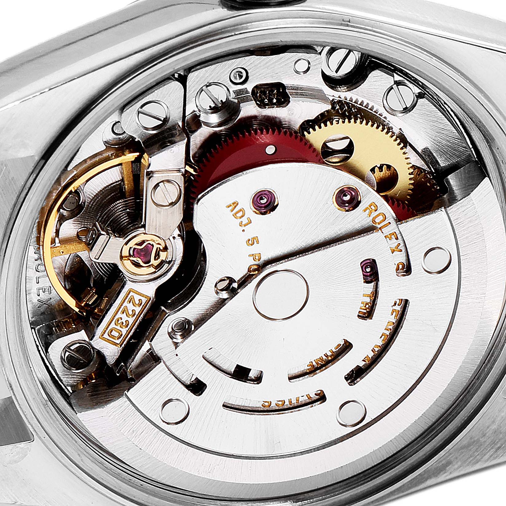 This image shows a close-up view of the movement mechanism of a Rolex Oyster Perpetual 76193 Women's Steel and Gold (two tone) Grey Dial 76193 Women's Steel and Gold (two tone) Grey Dial watch.