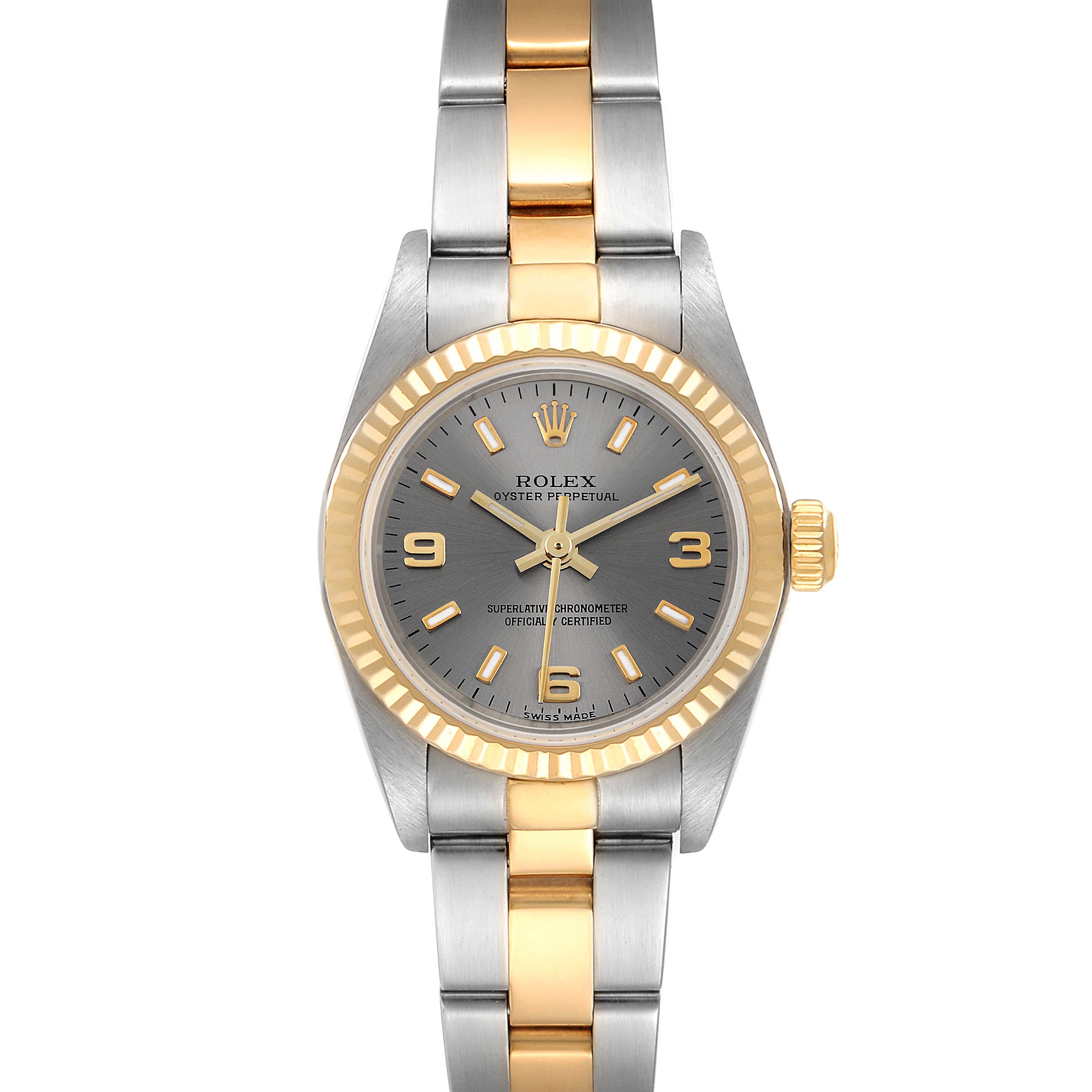 The image shows a front view of a Rolex Oyster Perpetual 76193 Women's Steel and Gold (two tone) Grey Dial 76193 Women's Steel and Gold (two tone) Grey Dial watch, displaying its two-tone bracelet, dial, and bezel.