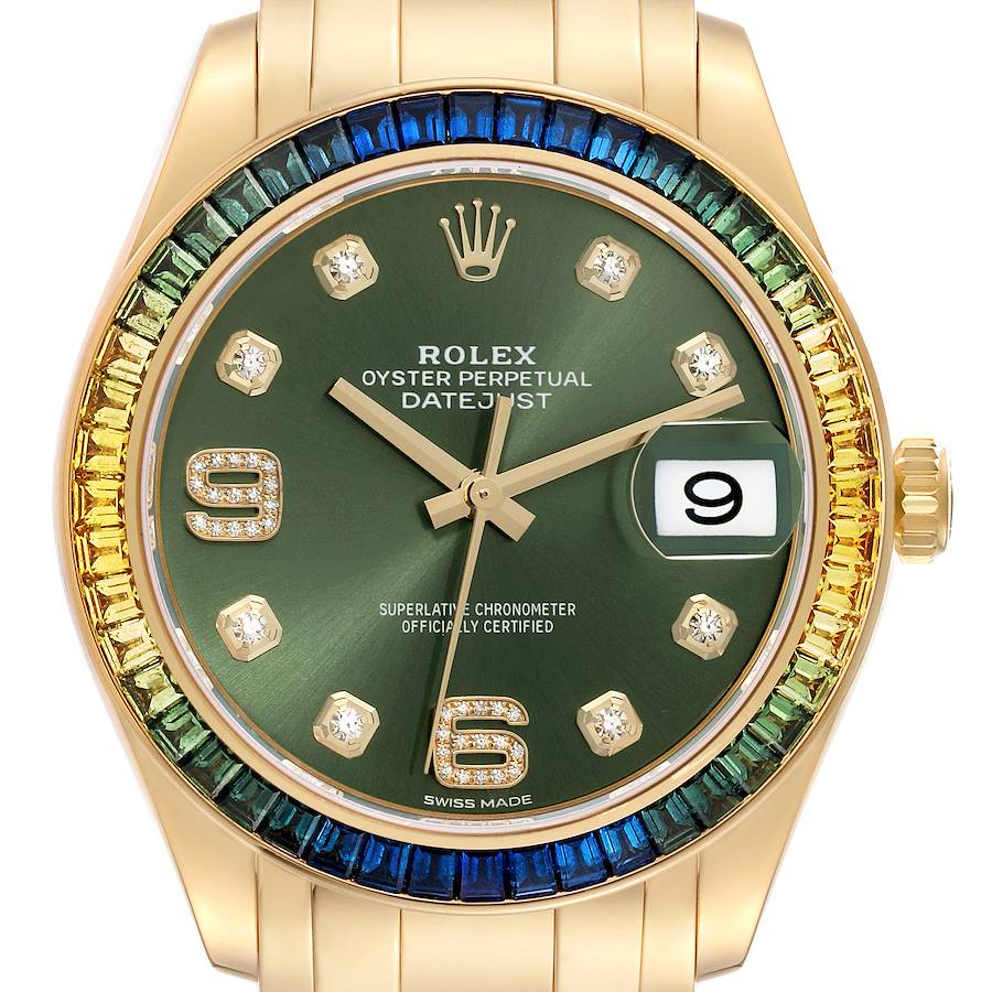 The Rolex Pearlmaster watch is shown from the front, highlighting its bezel, dial, hands, and bracelet.