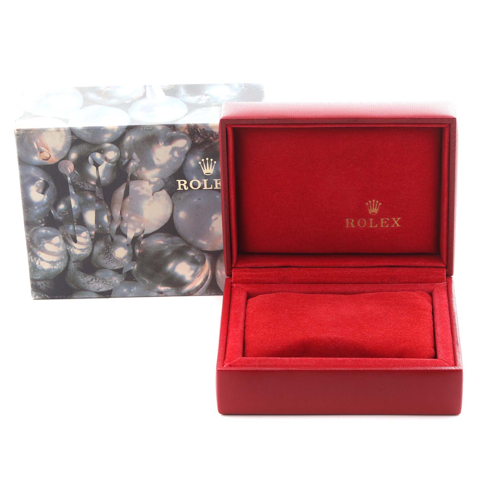 The image shows an empty red Rolex watch box and outer packaging for the President model, viewed from the front.