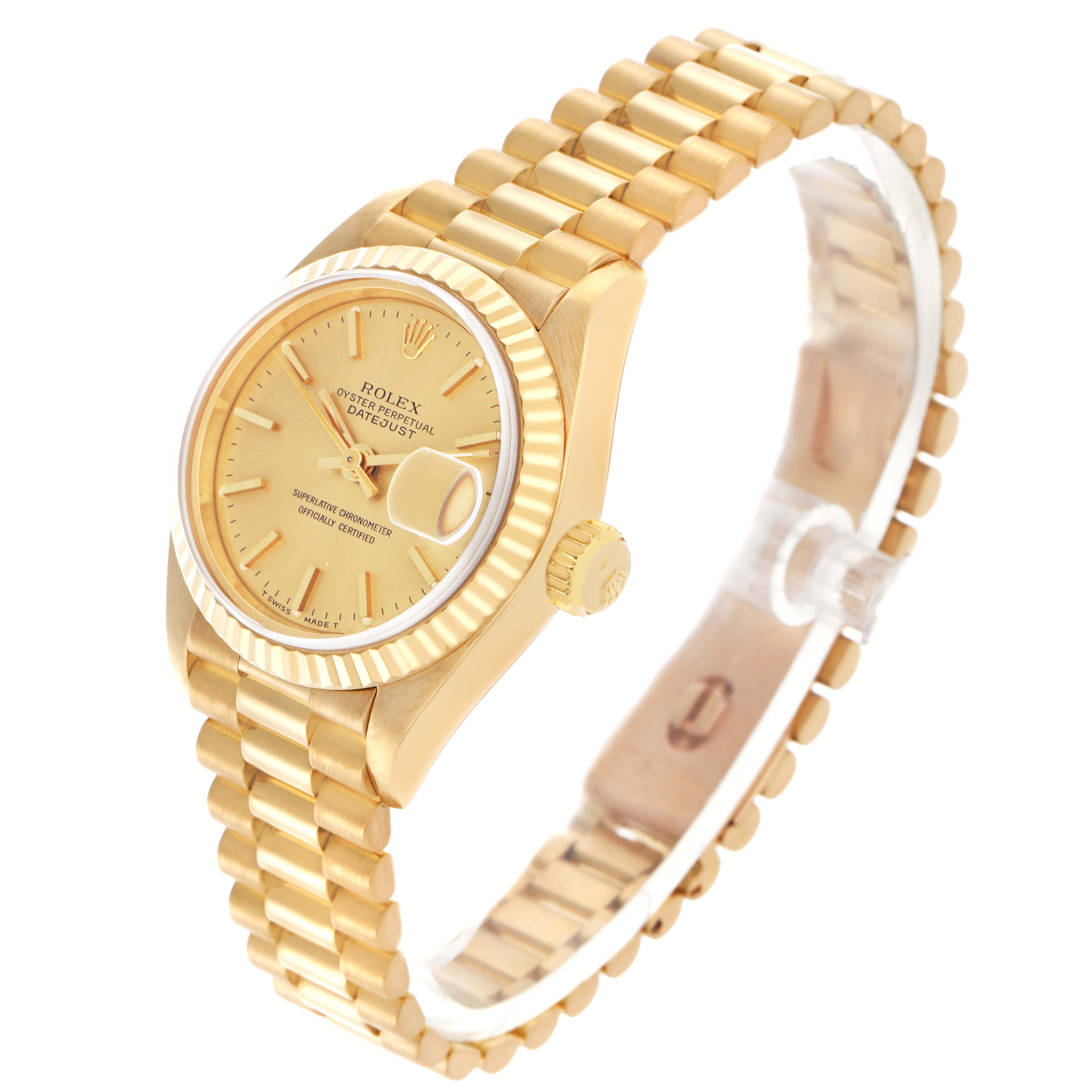 The Rolex President 69178 Women
s Yellow Gold Champagne Dial 69178 Women
s Yellow Gold Champagne Dial watch is shown at a slight angle, displaying the dial, bezel, crown, and part of the bracelet.