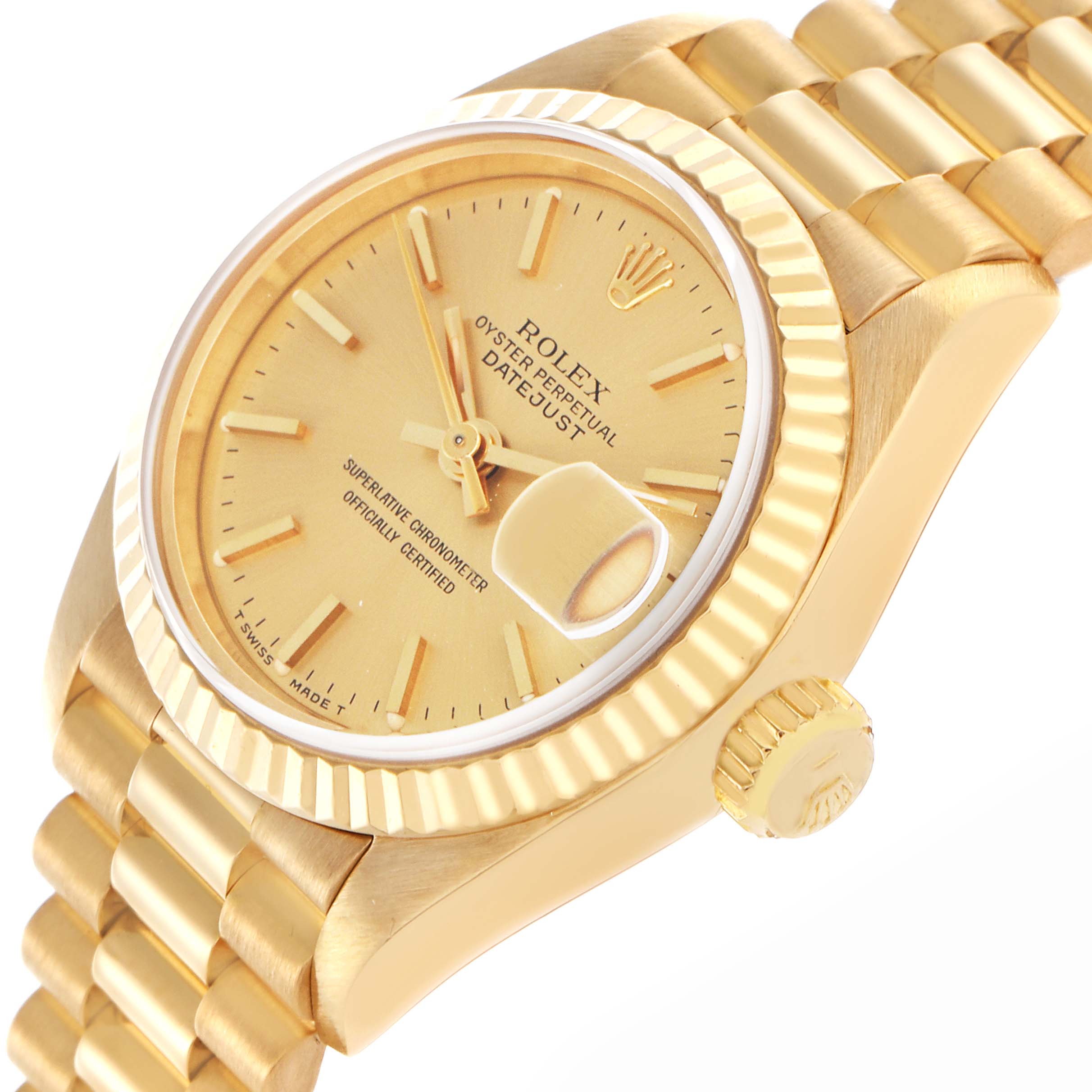 The Rolex President 69178 Women
s Yellow Gold Champagne Dial 69178 Women
s Yellow Gold Champagne Dial model is shown from an angled side view, highlighting the dial, case, bezel, crown, and part of the bracelet.