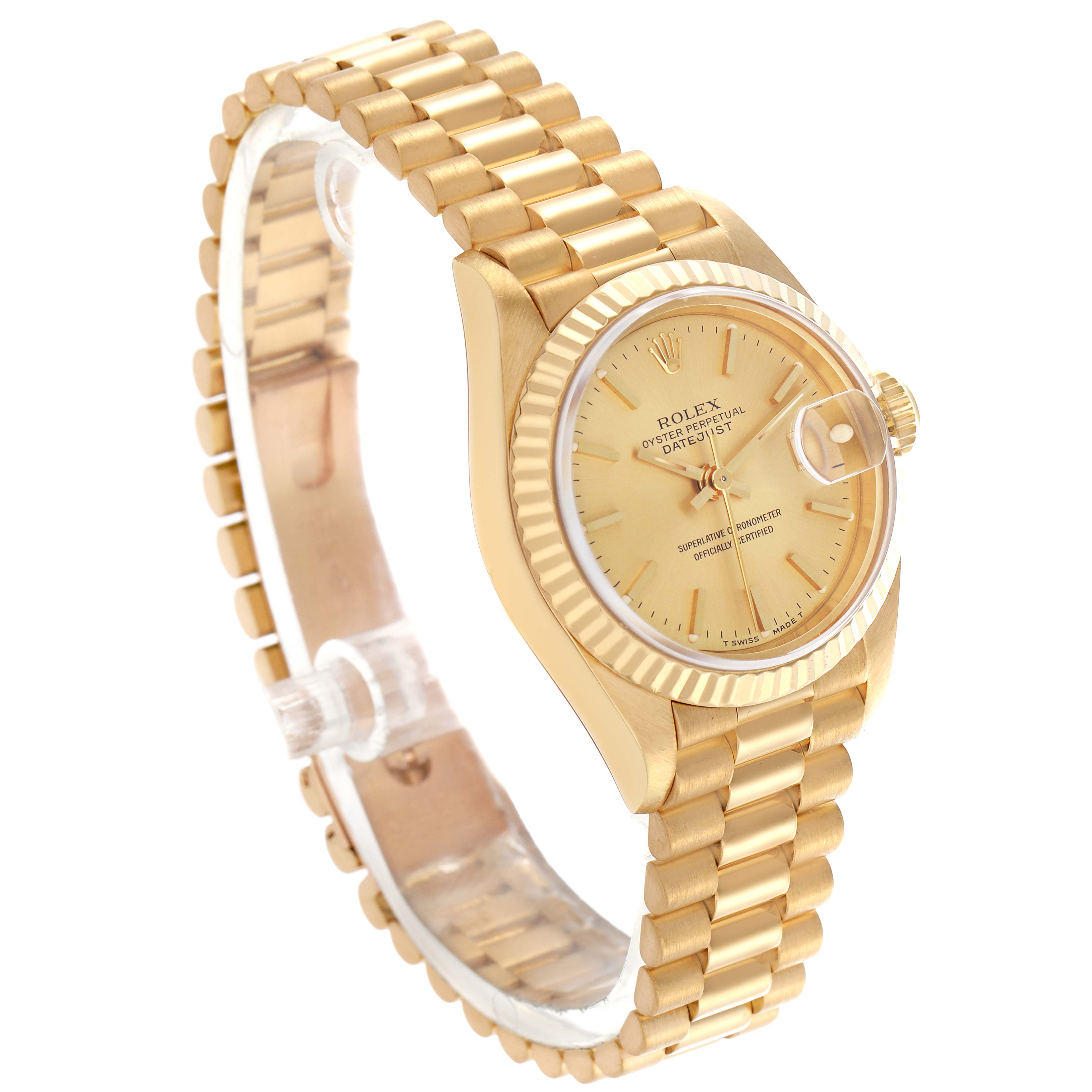 The Rolex President 69178 Women
s Yellow Gold Champagne Dial 69178 Women
s Yellow Gold Champagne Dial watch is shown at a 3/4 angle, displaying the bracelet, case, dial, and crown.