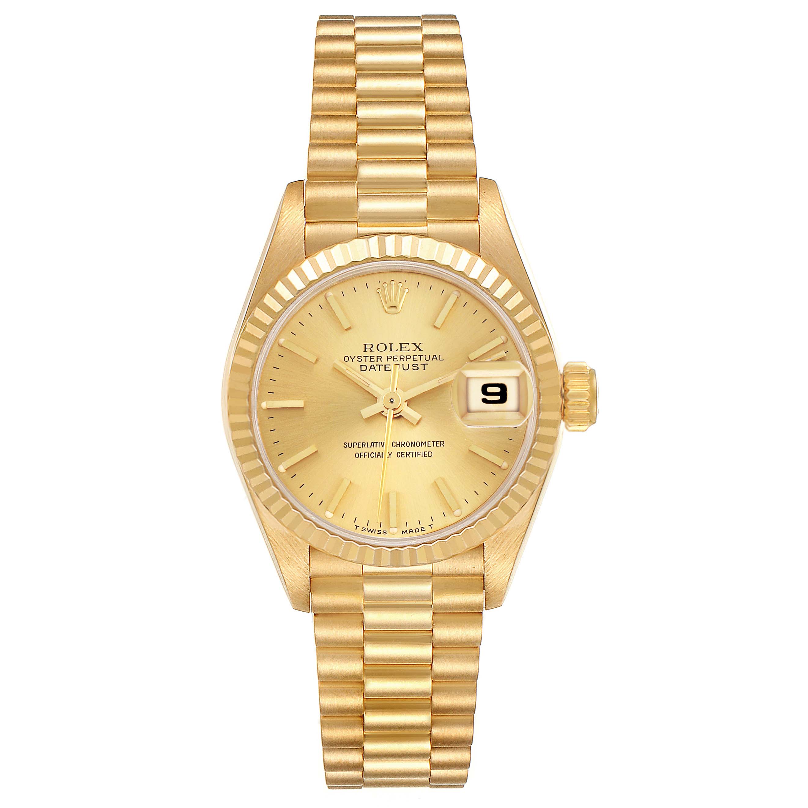 The Rolex President 69178 Women
s Yellow Gold Champagne Dial 69178 Women
s Yellow Gold Champagne Dial watch is shown from a top-down angle, displaying the dial, bezel, crown, and bracelet clearly.