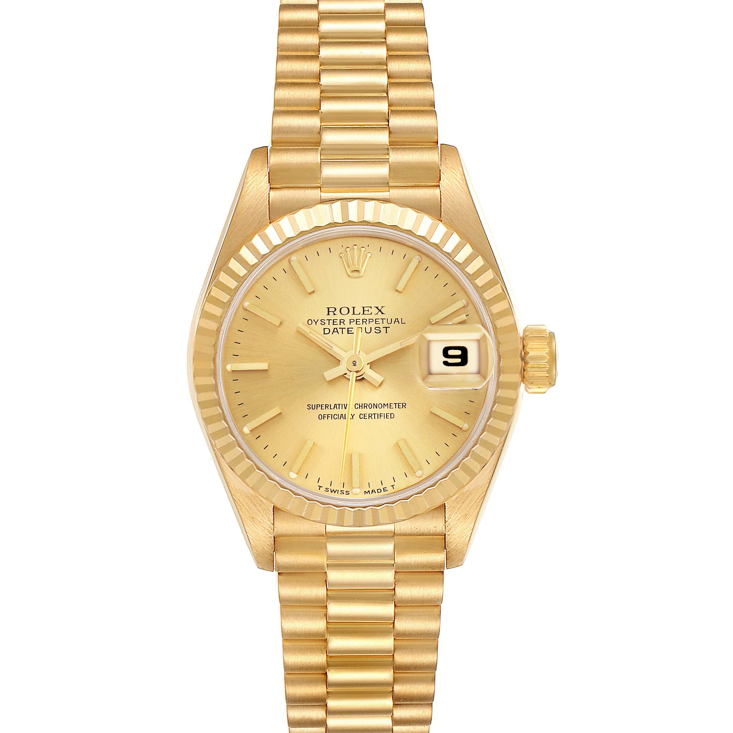 The Rolex President 69178 Women
s Yellow Gold Champagne Dial 69178 Women
s Yellow Gold Champagne Dial model is shown from a top view, displaying the bracelet, dial, hands, date window, and bezel.