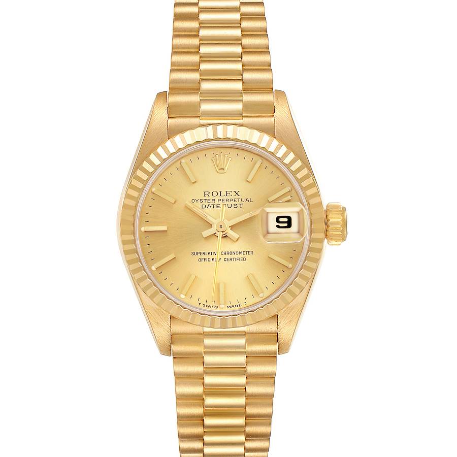 The Rolex President model is shown from a top view, displaying the bracelet, dial, hands, date window, and bezel.