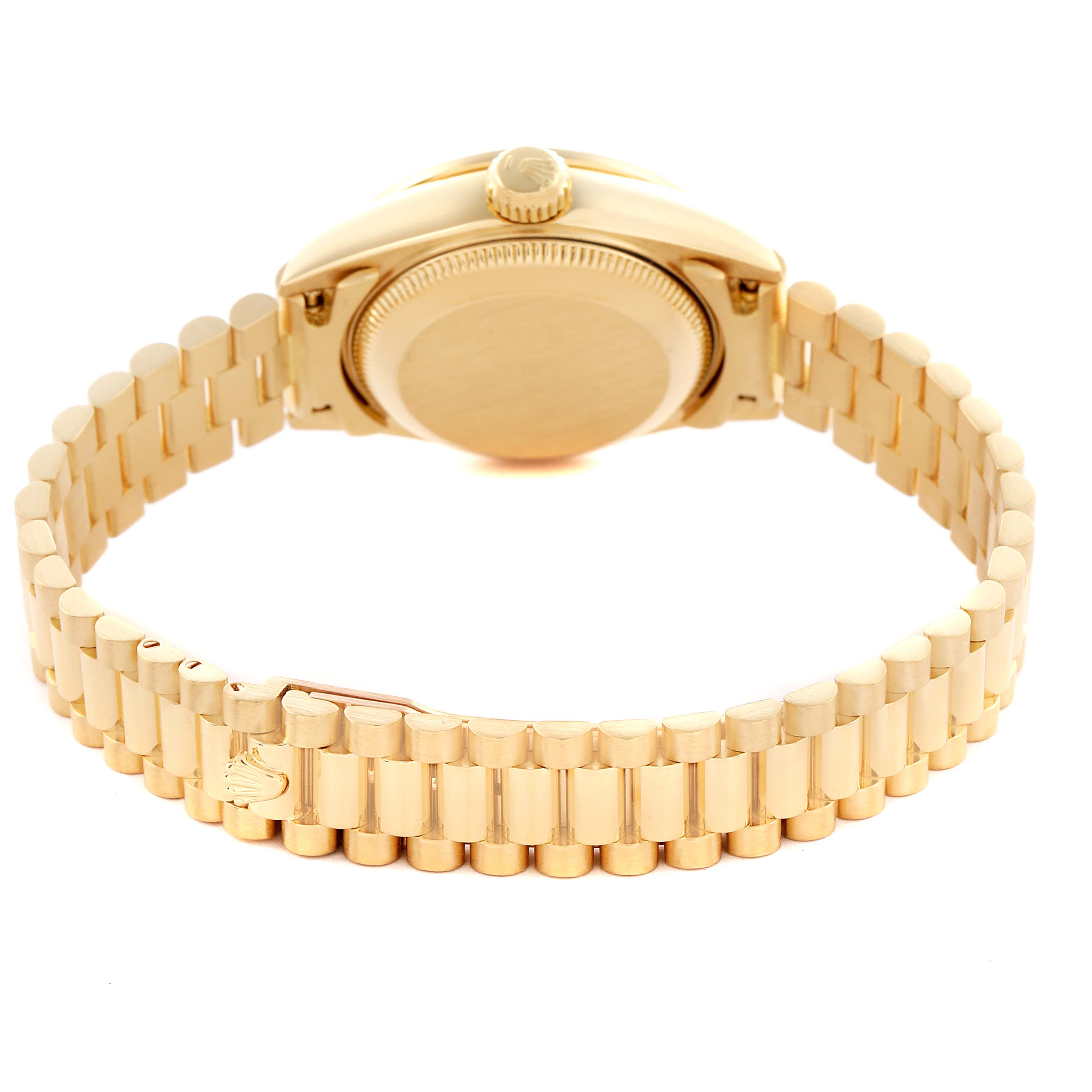 The Rolex President 69088 Women
s Yellow Gold Champagne Dial 69088 Women
s Yellow Gold Champagne Dial model is shown from the back, highlighting the case back, crown, and bracelet.