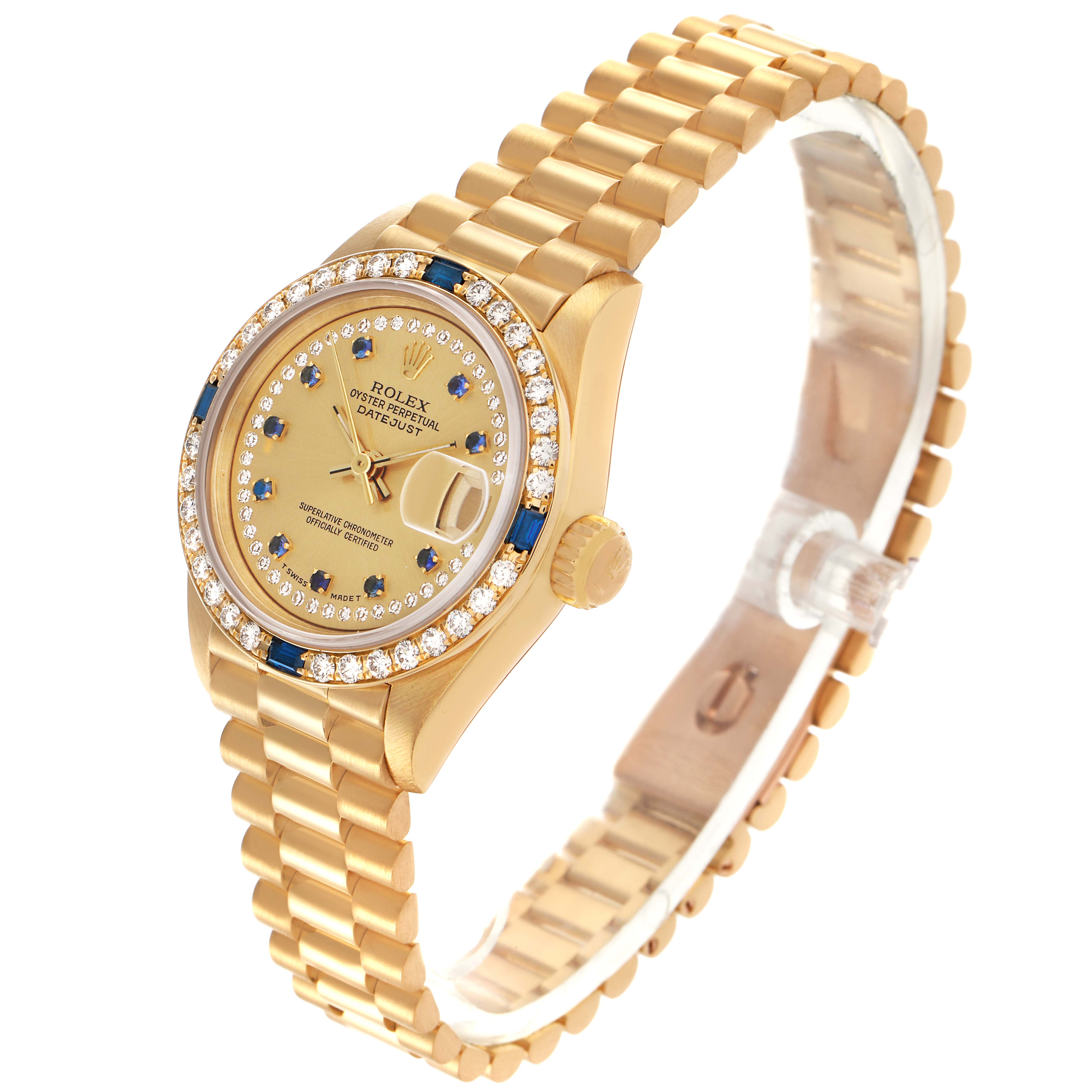 The Rolex President 69088 Women
s Yellow Gold Champagne Dial 69088 Women
s Yellow Gold Champagne Dial model watch is shown from a three-quarter angle, displaying the face, bezel, crown, and bracelet.
