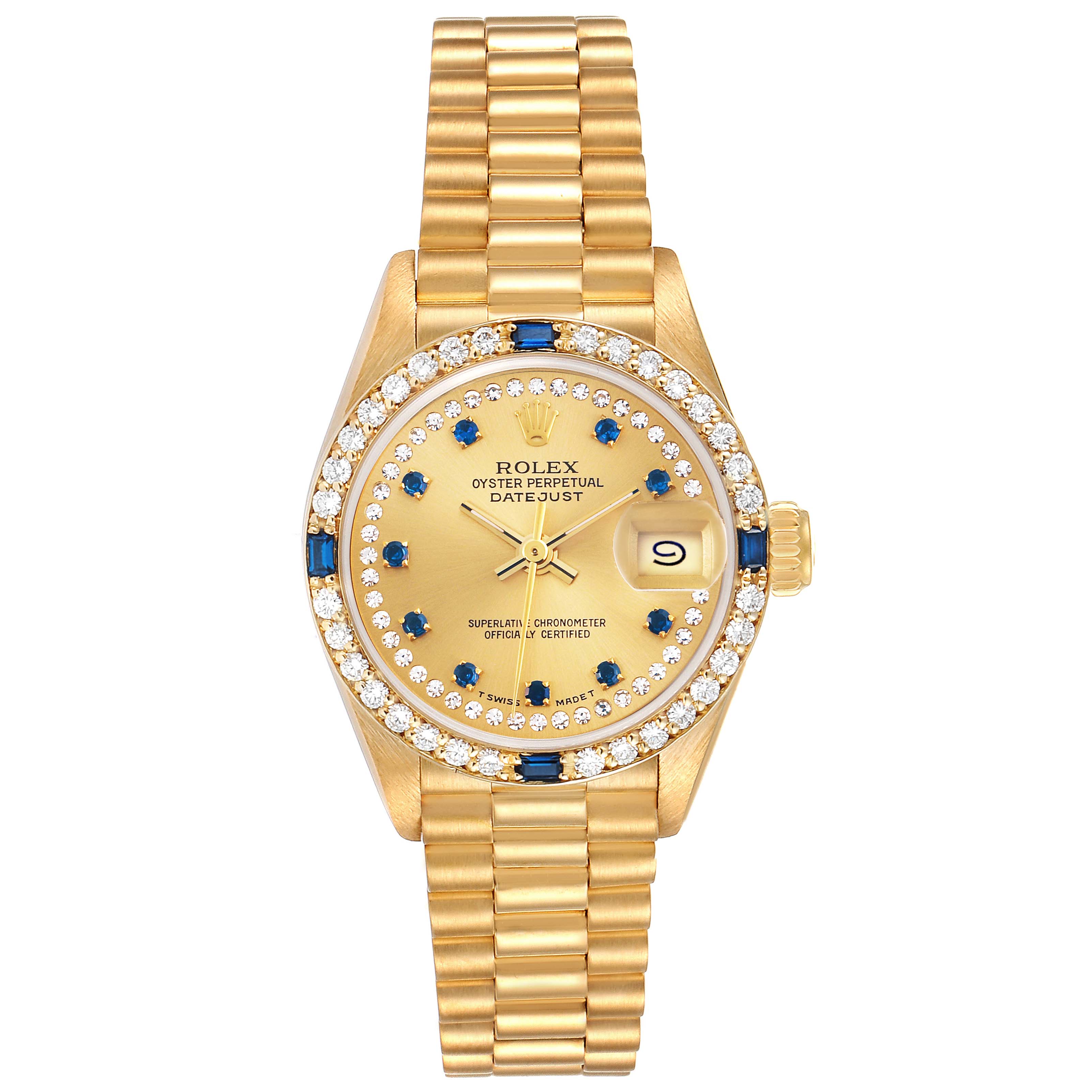 The Rolex President 69088 Women
s Yellow Gold Champagne Dial 69088 Women
s Yellow Gold Champagne Dial model is shown from a straight-on angle, highlighting the face, bezel, and bracelet.