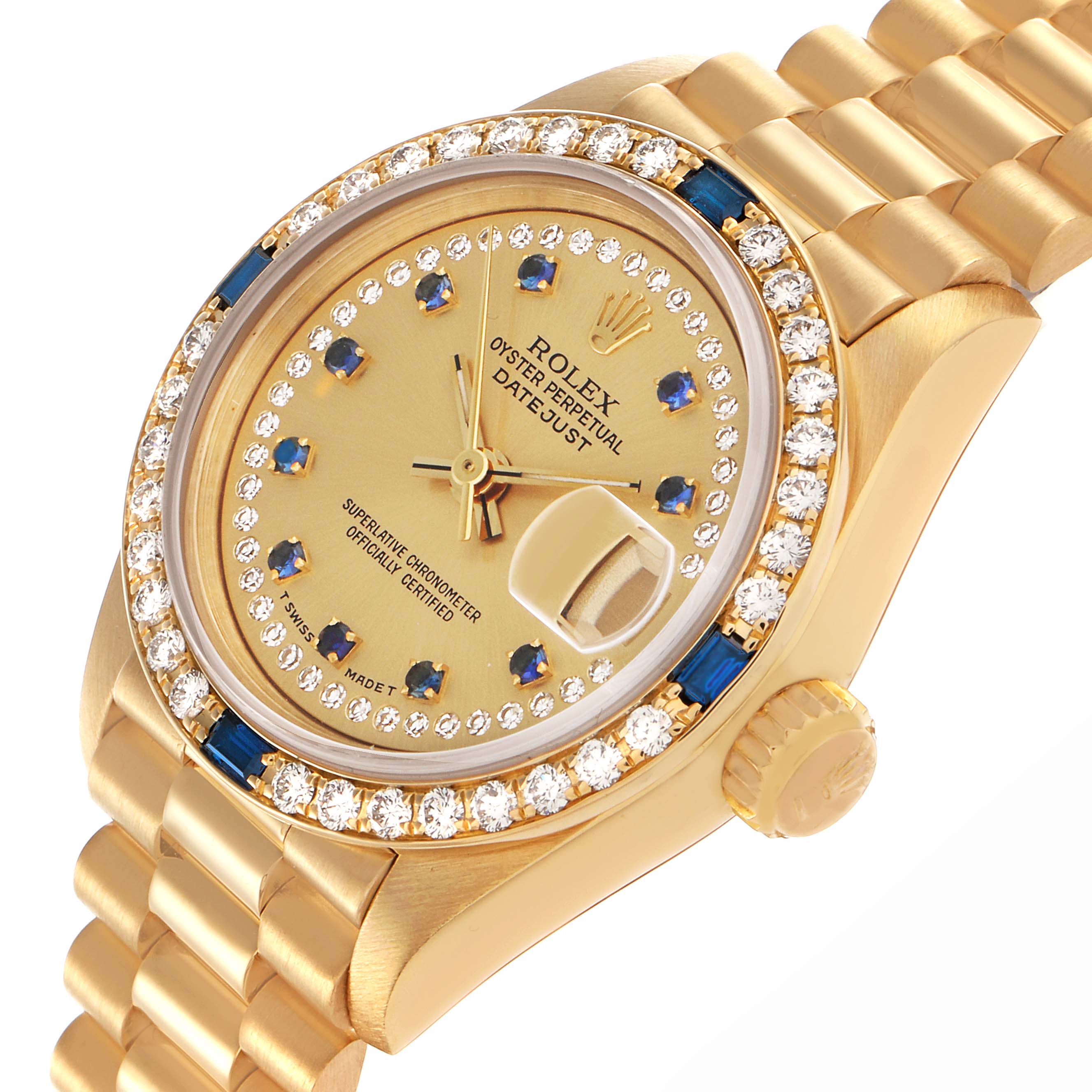 The Rolex President 69088 Women
s Yellow Gold Champagne Dial 69088 Women
s Yellow Gold Champagne Dial model is shown at a slight angle, highlighting the dial, bezel, crown, and part of the bracelet.