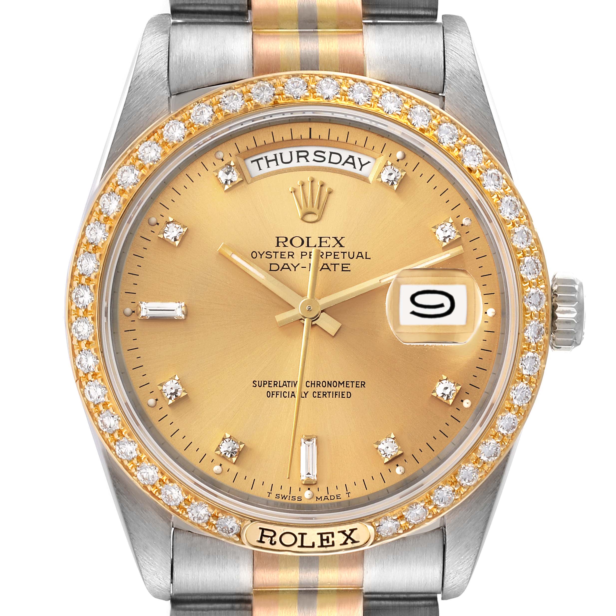 The image shows a front view of the Rolex President 18349 Men
s White Gold Champagne Dial 18349 Men
s White Gold Champagne Dial model watch, highlighting the dial, bezel, and part of the bracelet.